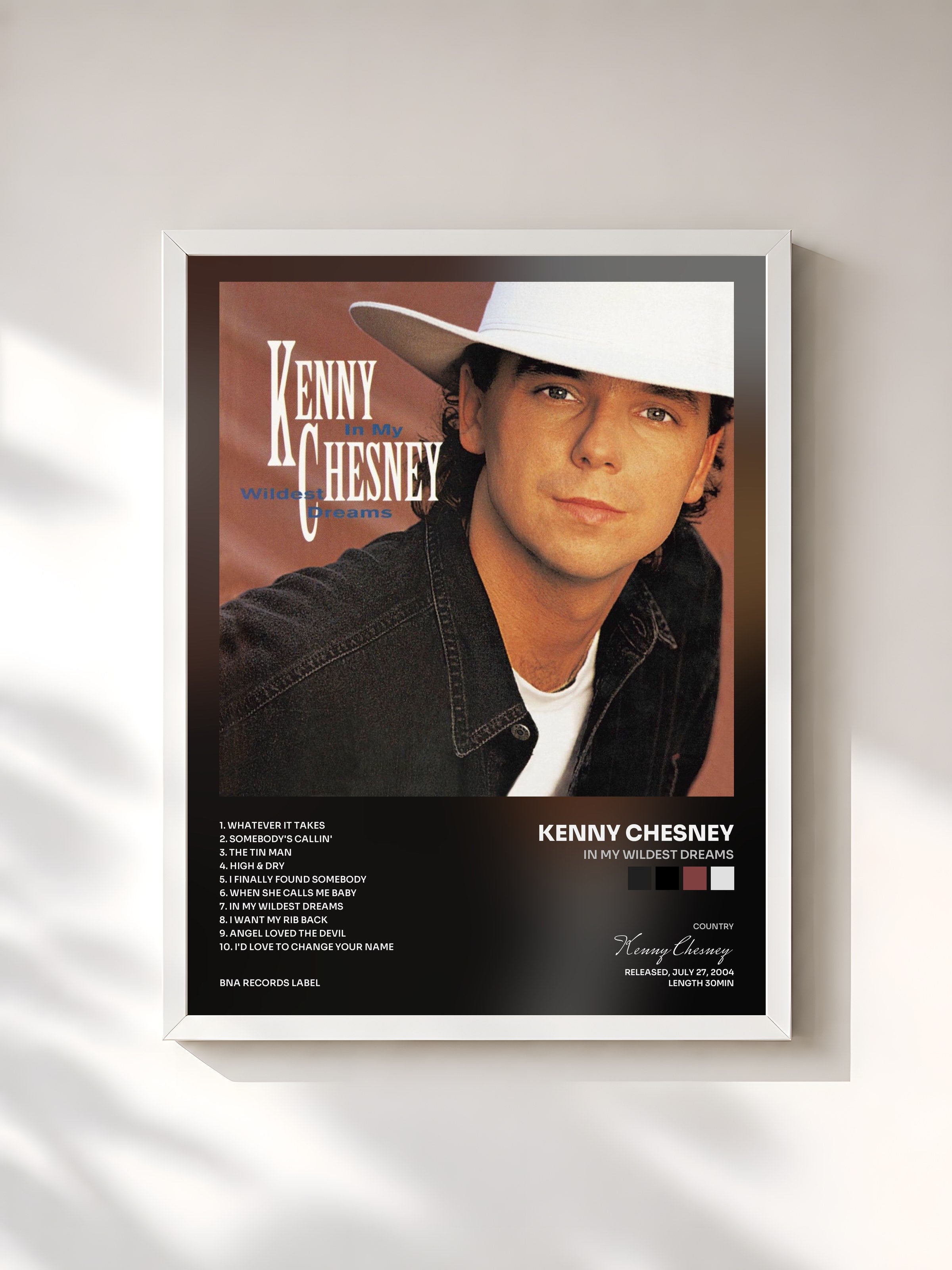 #blanc Tableau de l'album In My Wildest Dreams de Kenny Chesney, cadre blanc, imprimé et encadré en France