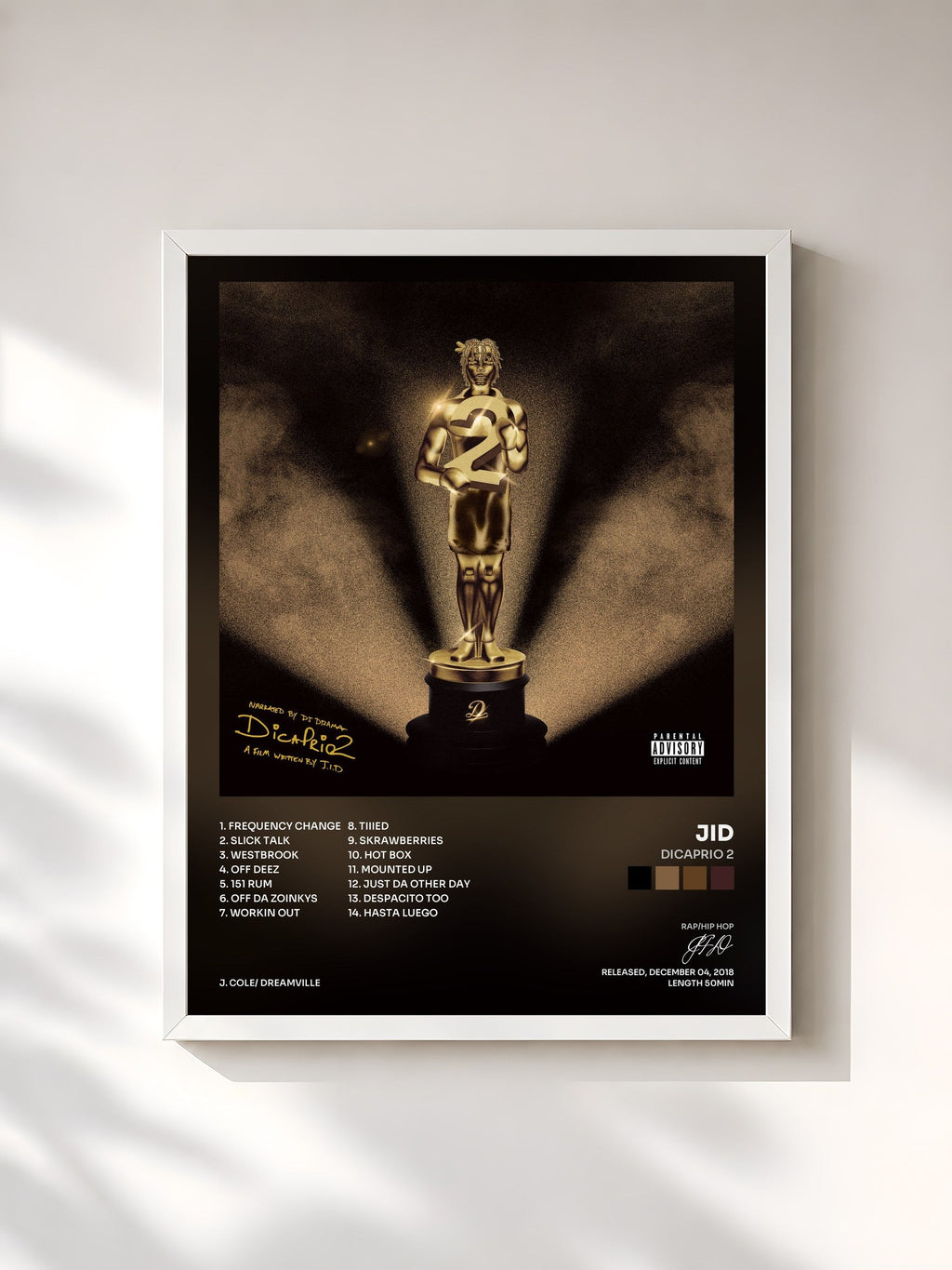 #blanc Tableau de l'album DiCaprio 2 de JID, cadre blanc, imprimé et encadré en France