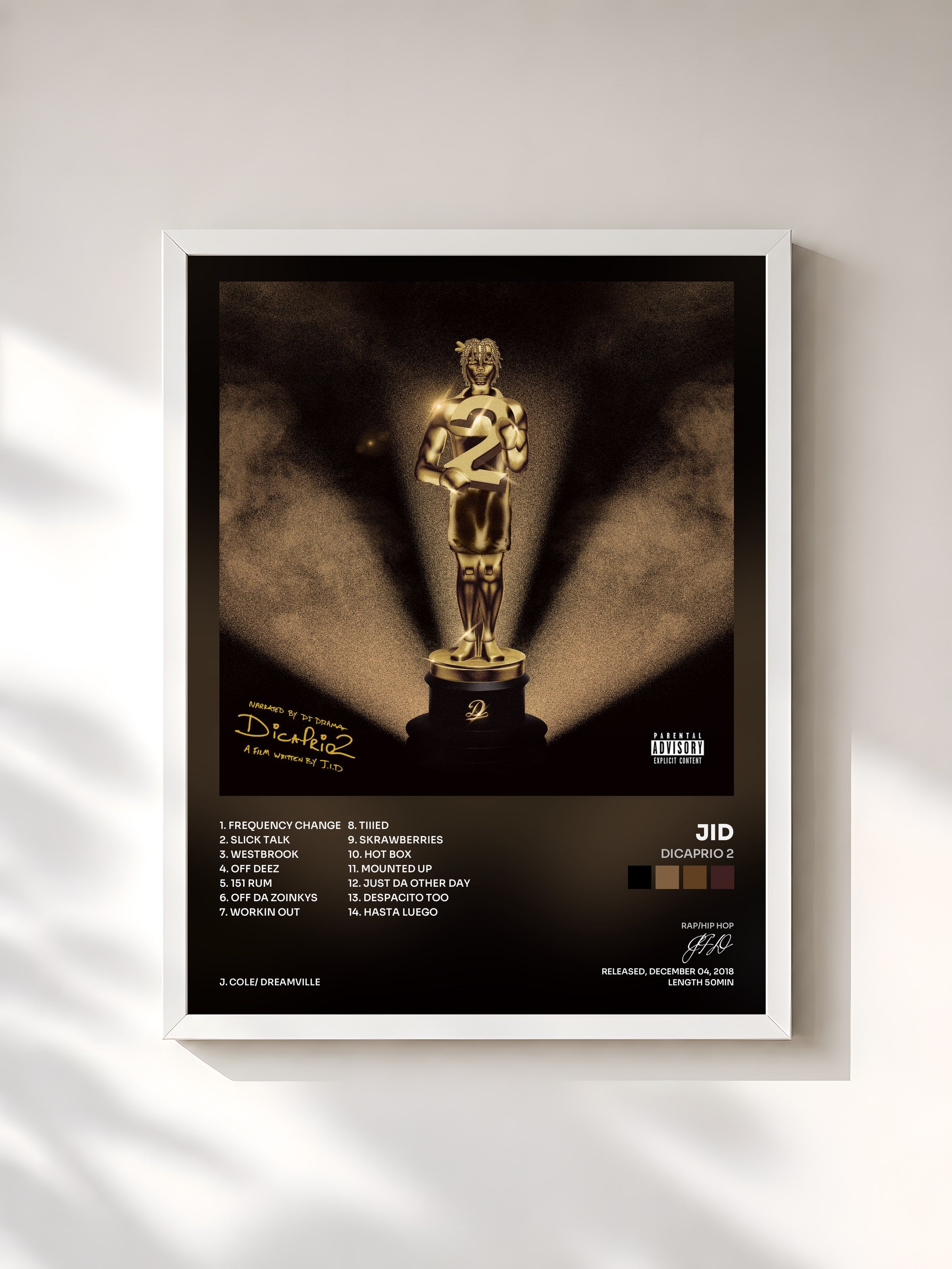 #blanc Tableau de l'album DiCaprio 2 de JID, cadre blanc, imprimé et encadré en France