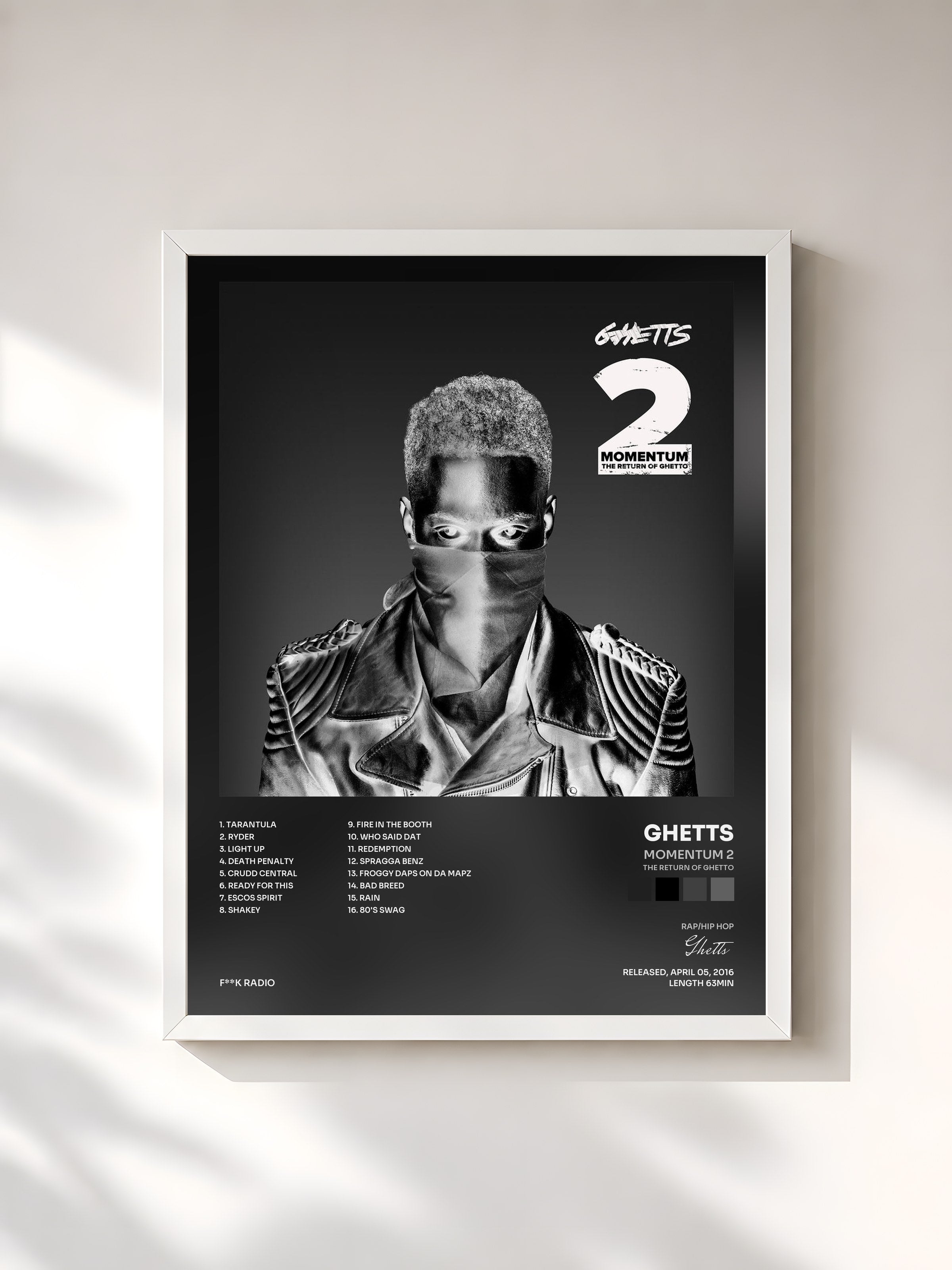 #blanc Tableau de l'album Momentum 2 (The Return of Ghetto) de Ghetts, cadre blanc, imprimé et encadré en France