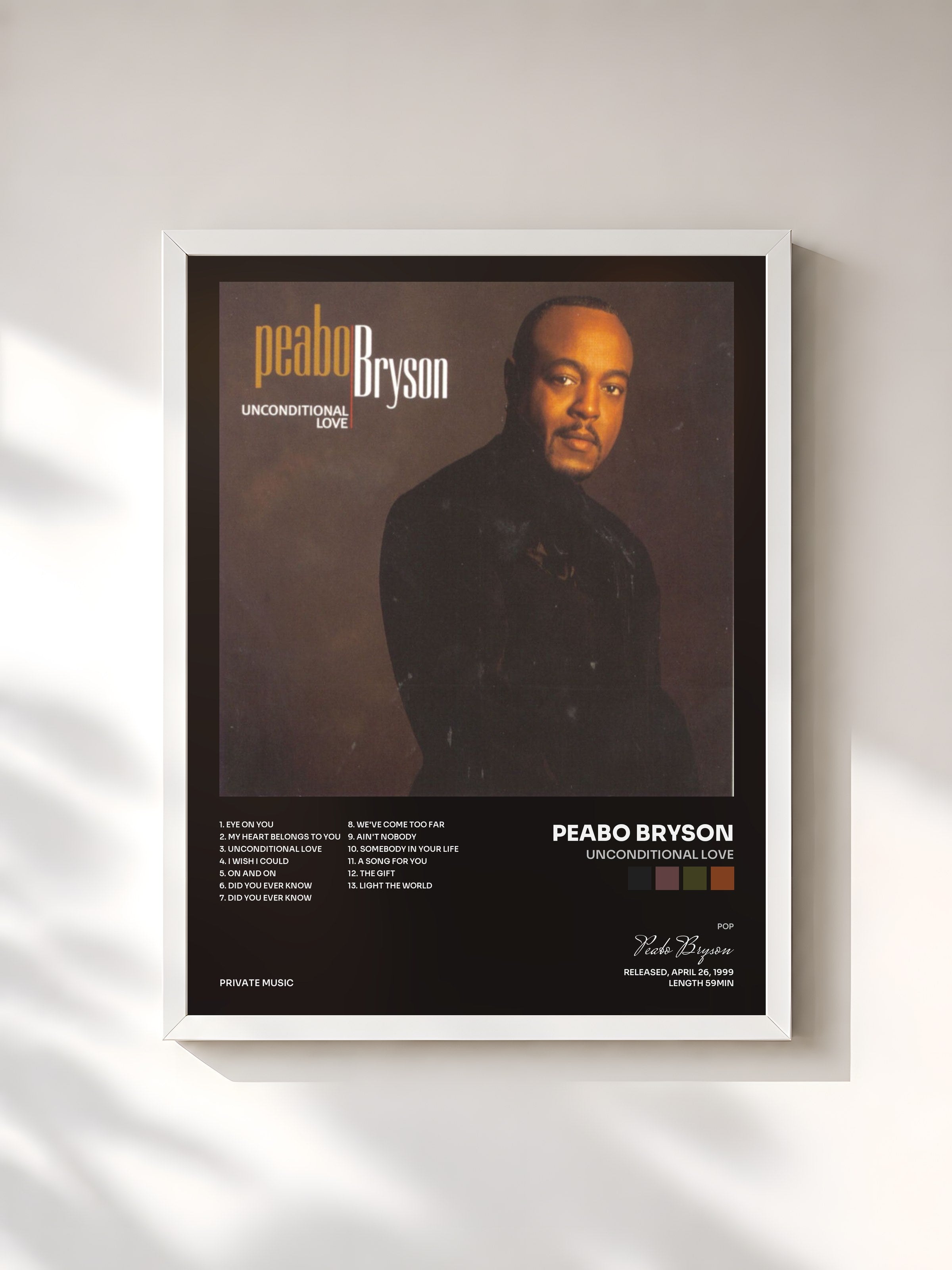 #blanc Tableau de l'album Unconditional Love de Peabo Bryson, cadre blanc, imprimé et encadré en France