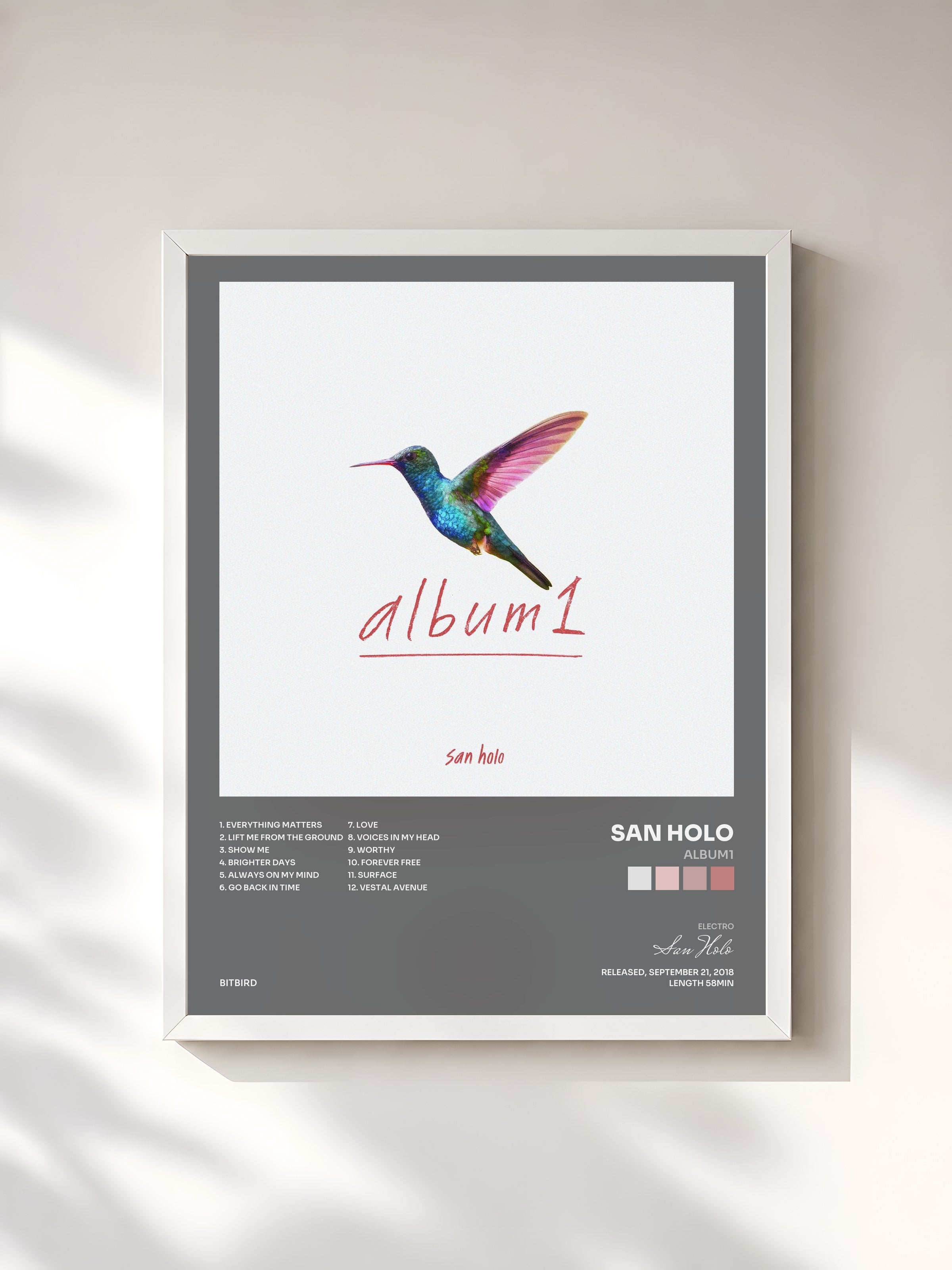 #blanc Tableau de l'album album1 de San Holo, cadre blanc, imprimé et encadré en France