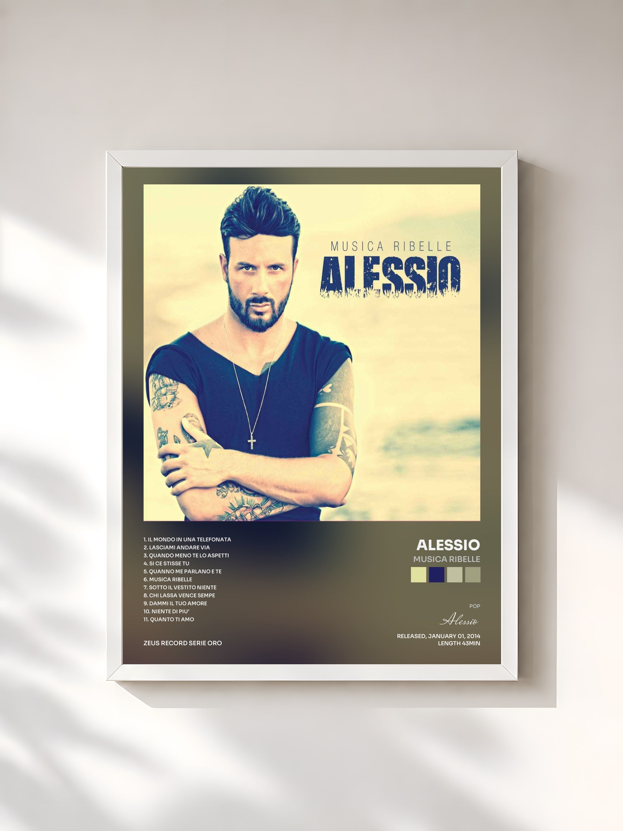 #blanc Tableau de l'album Musica ribelle de Alessio, cadre blanc, imprimé et encadré en France