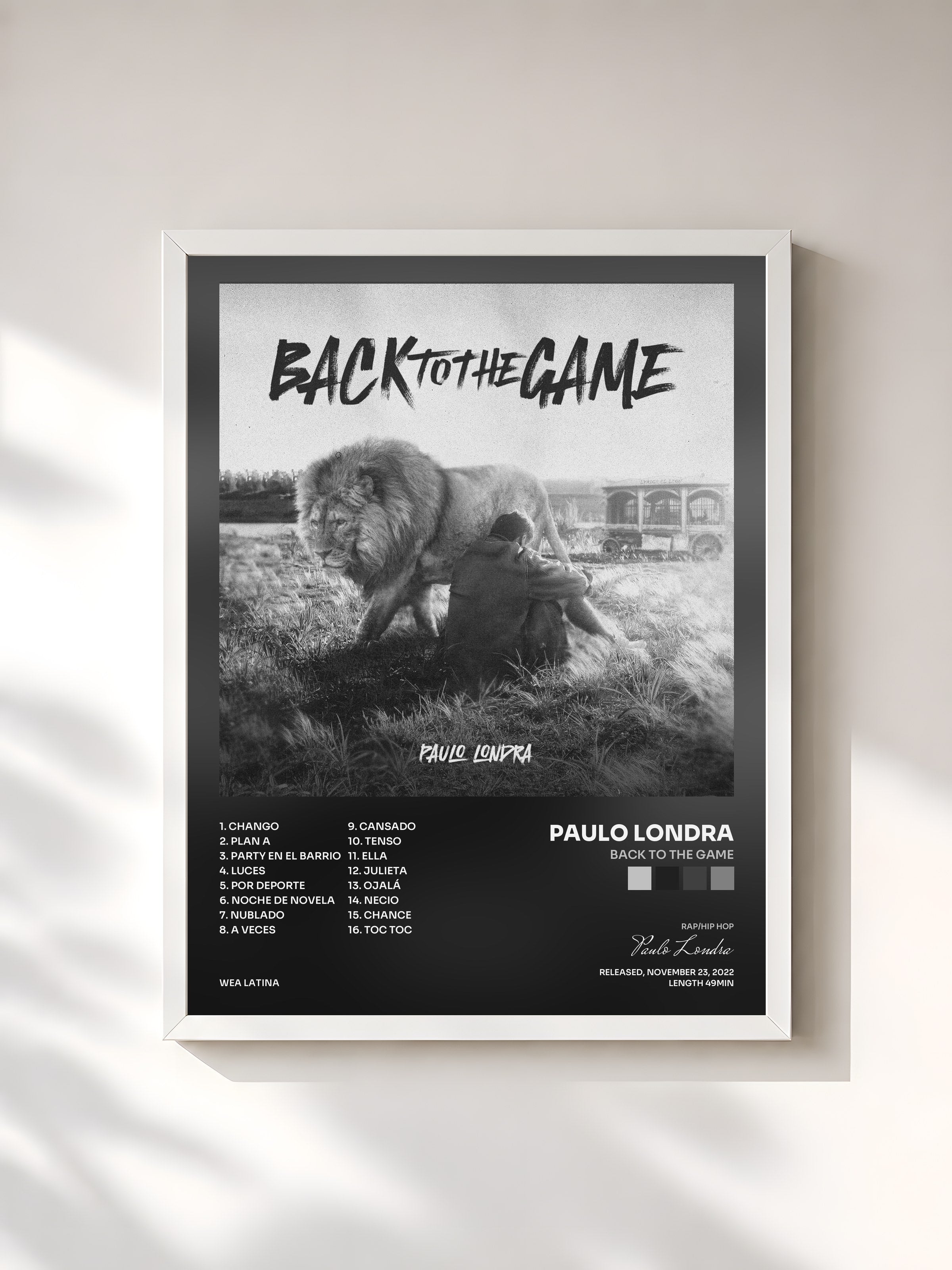 #blanc Tableau de l'album Back To The Game de Paulo Londra, cadre blanc, imprimé et encadré en France