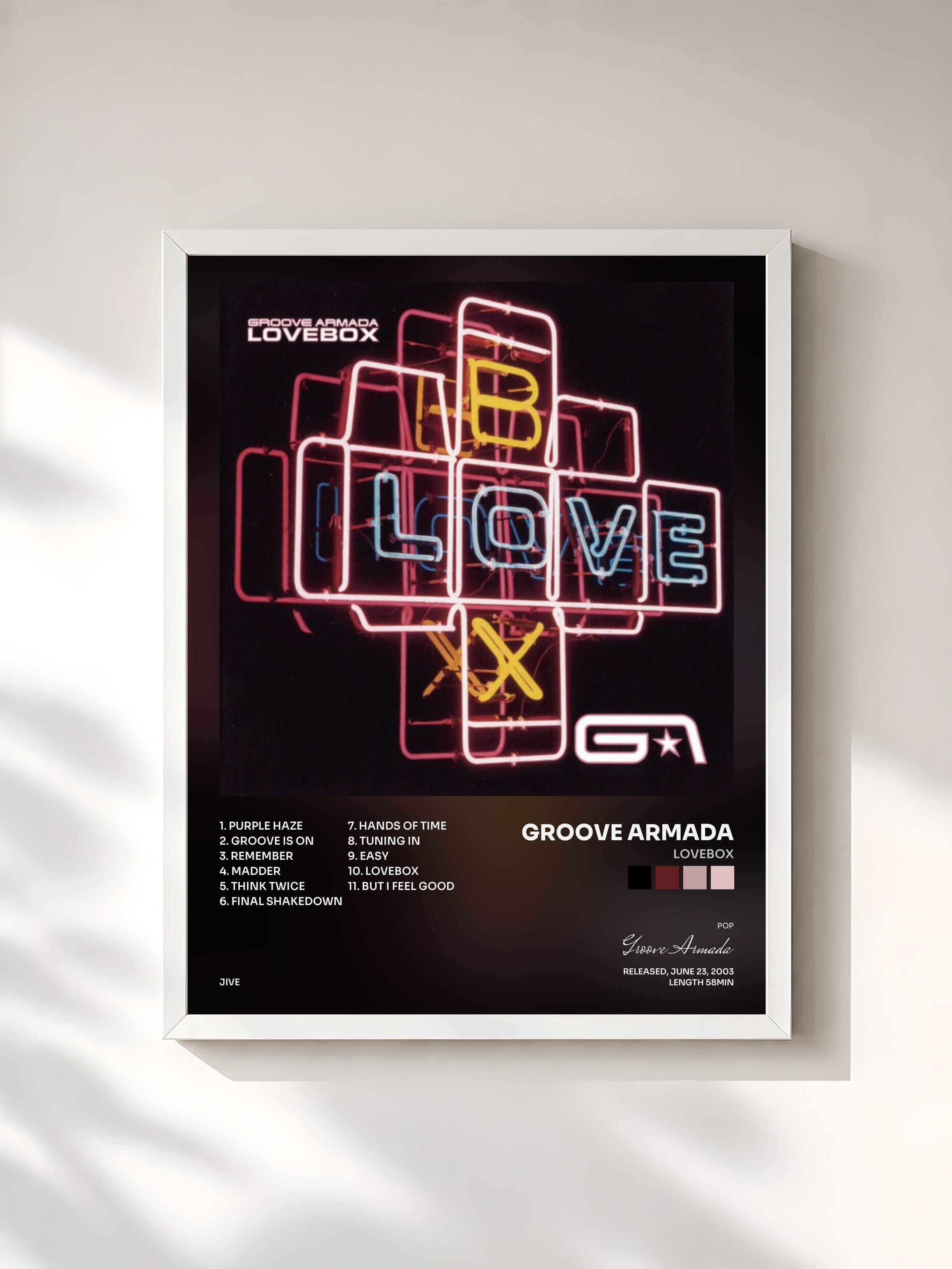 #blanc Tableau de l'album Lovebox de Groove Armada, cadre blanc, imprimé et encadré en France
