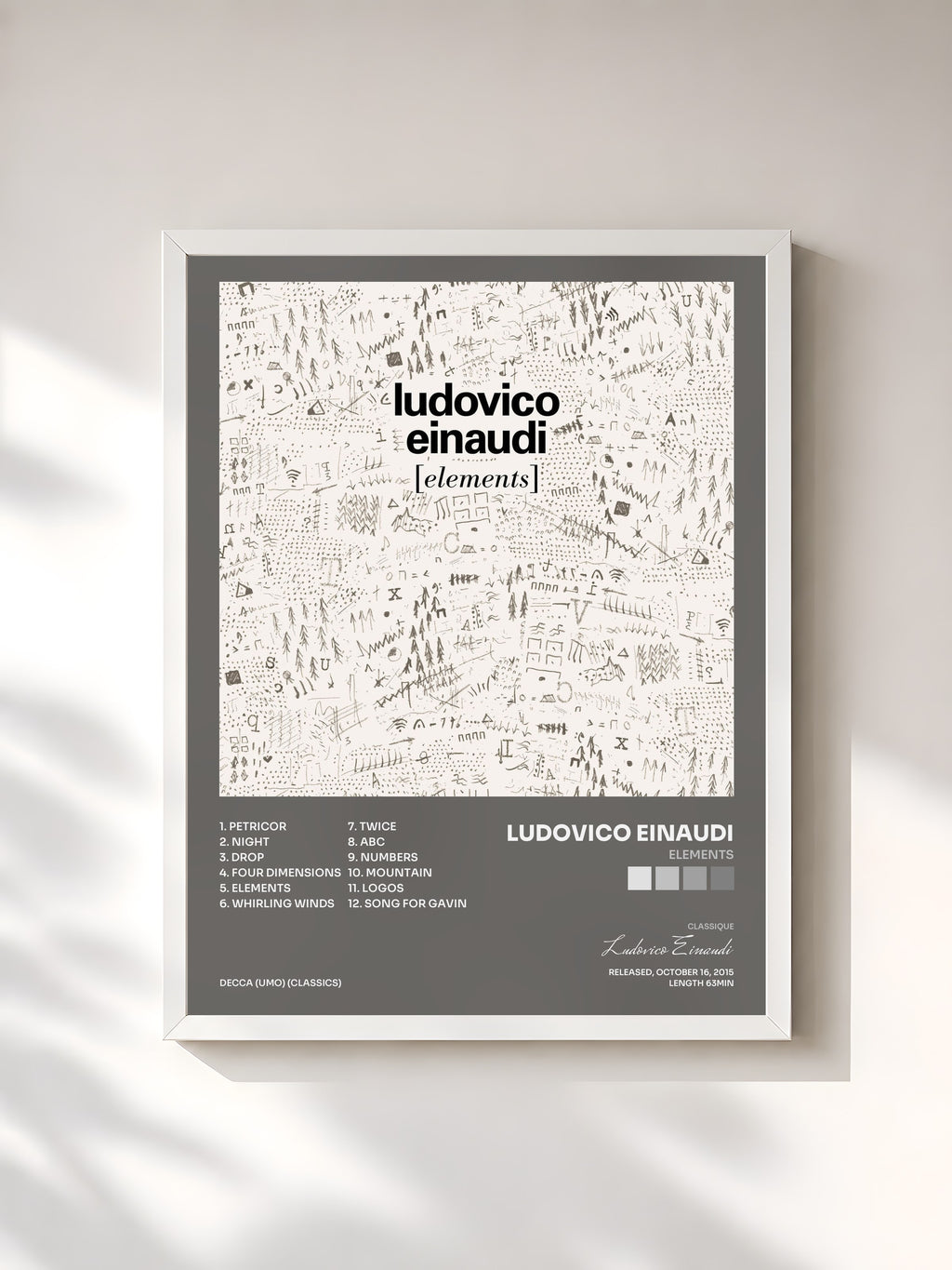 #blanc Tableau de l'album Elements de Ludovico Einaudi, cadre blanc, imprimé et encadré en France