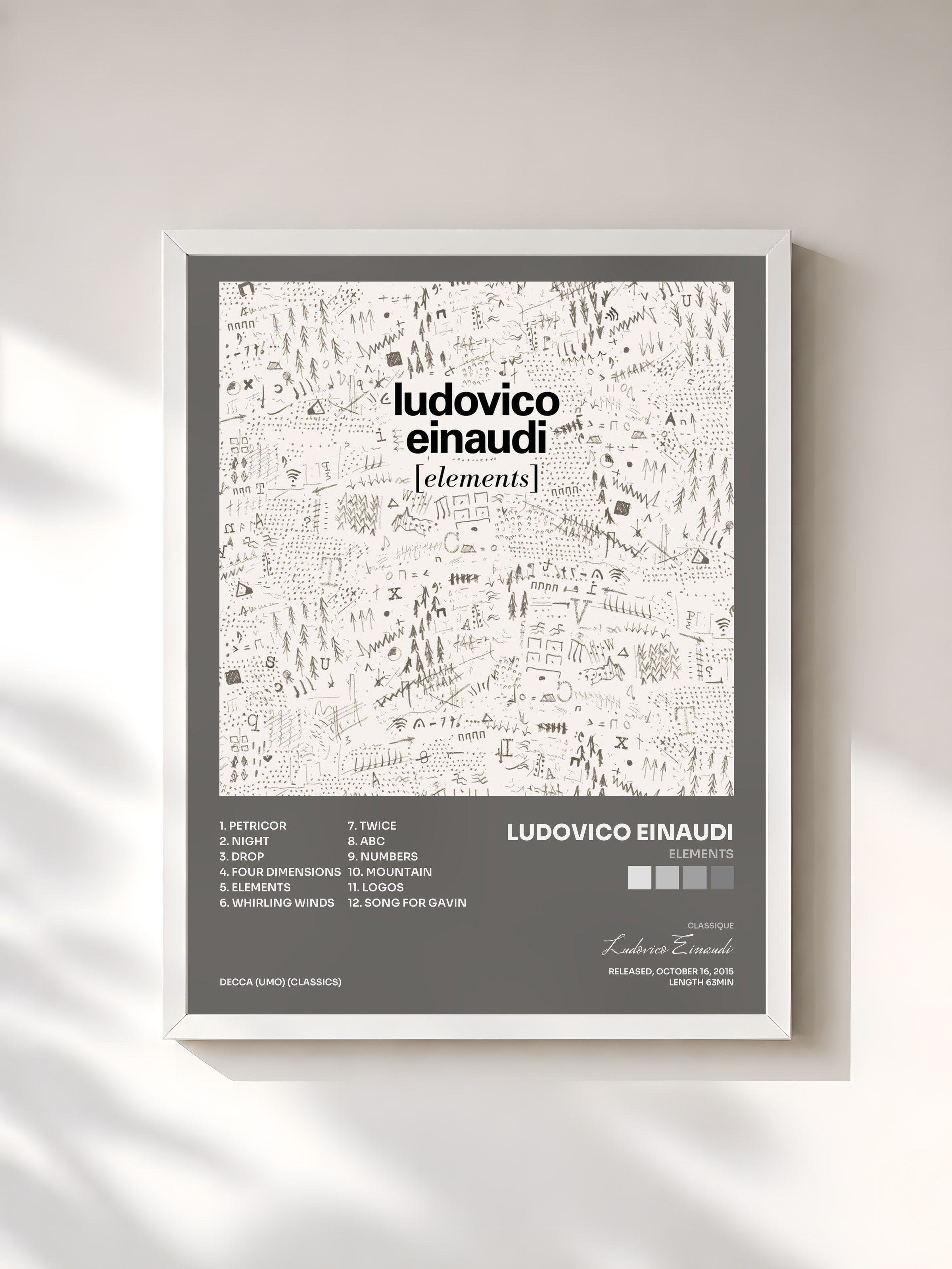 #blanc Tableau de l'album Elements de Ludovico Einaudi, cadre blanc, imprimé et encadré en France