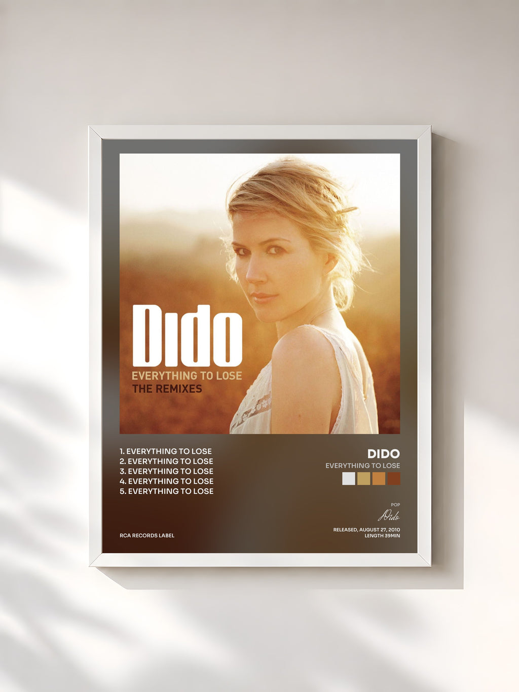 #blanc Tableau de l'album Everything To Lose de Dido, cadre blanc, imprimé et encadré en France