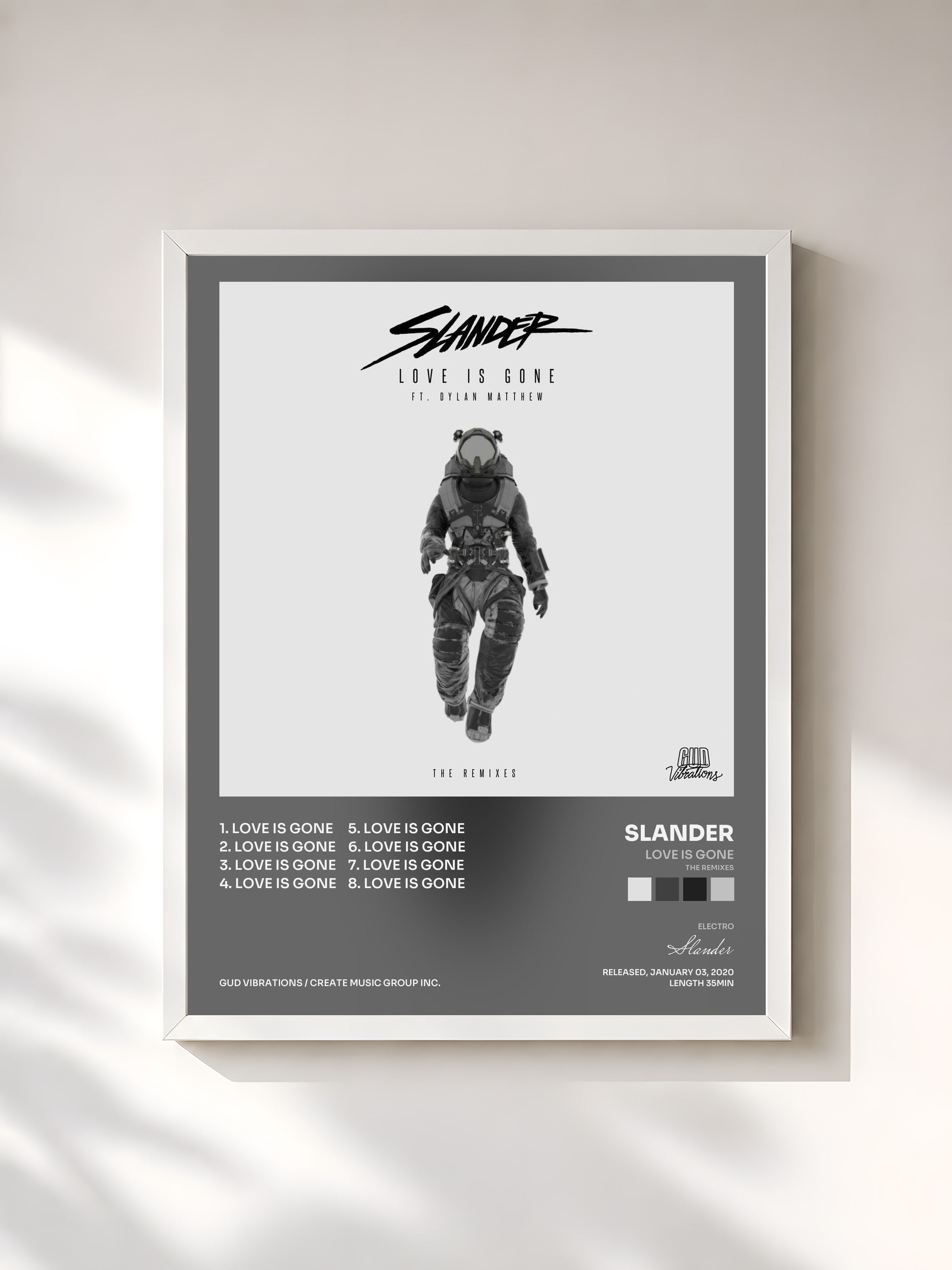 #blanc Tableau de l'album Love Is Gone (The Remixes) de Slander, cadre blanc, imprimé et encadré en France