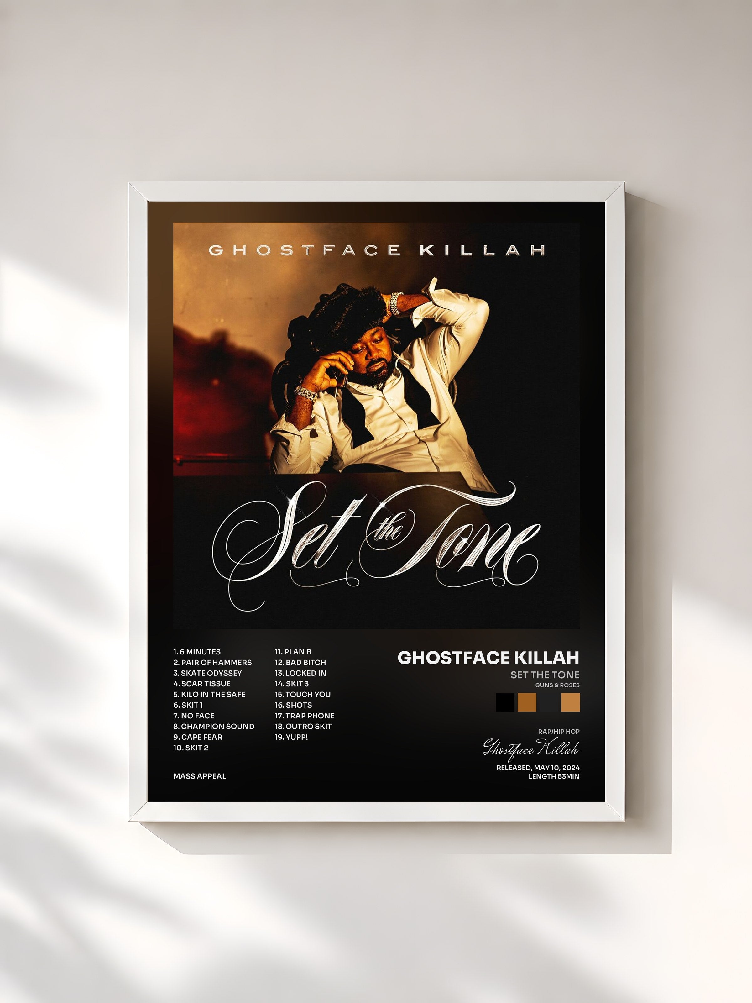 #blanc Tableau de l'album Set The Tone (Guns & Roses) de Ghostface Killah, cadre blanc, imprimé et encadré en France