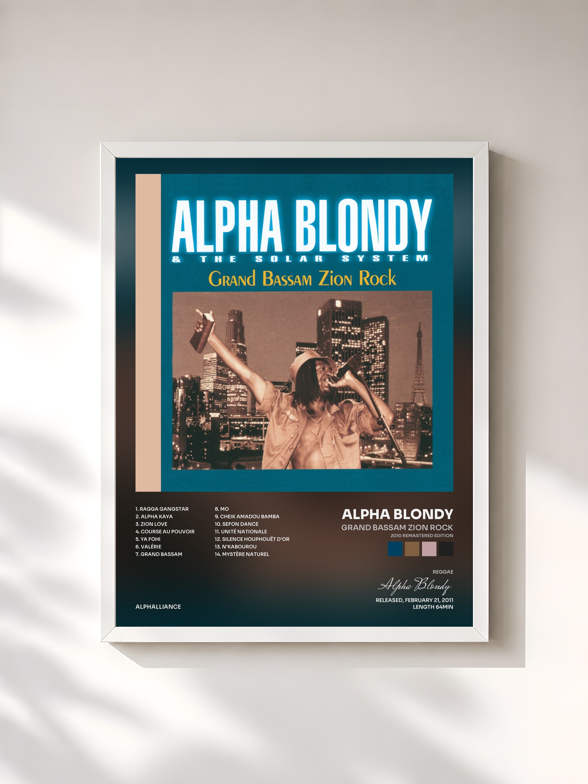 #blanc Tableau de l'album Grand Bassam Zion Rock (2010 Remastered Edition) de Alpha Blondy, cadre blanc, imprimé et encadré en France