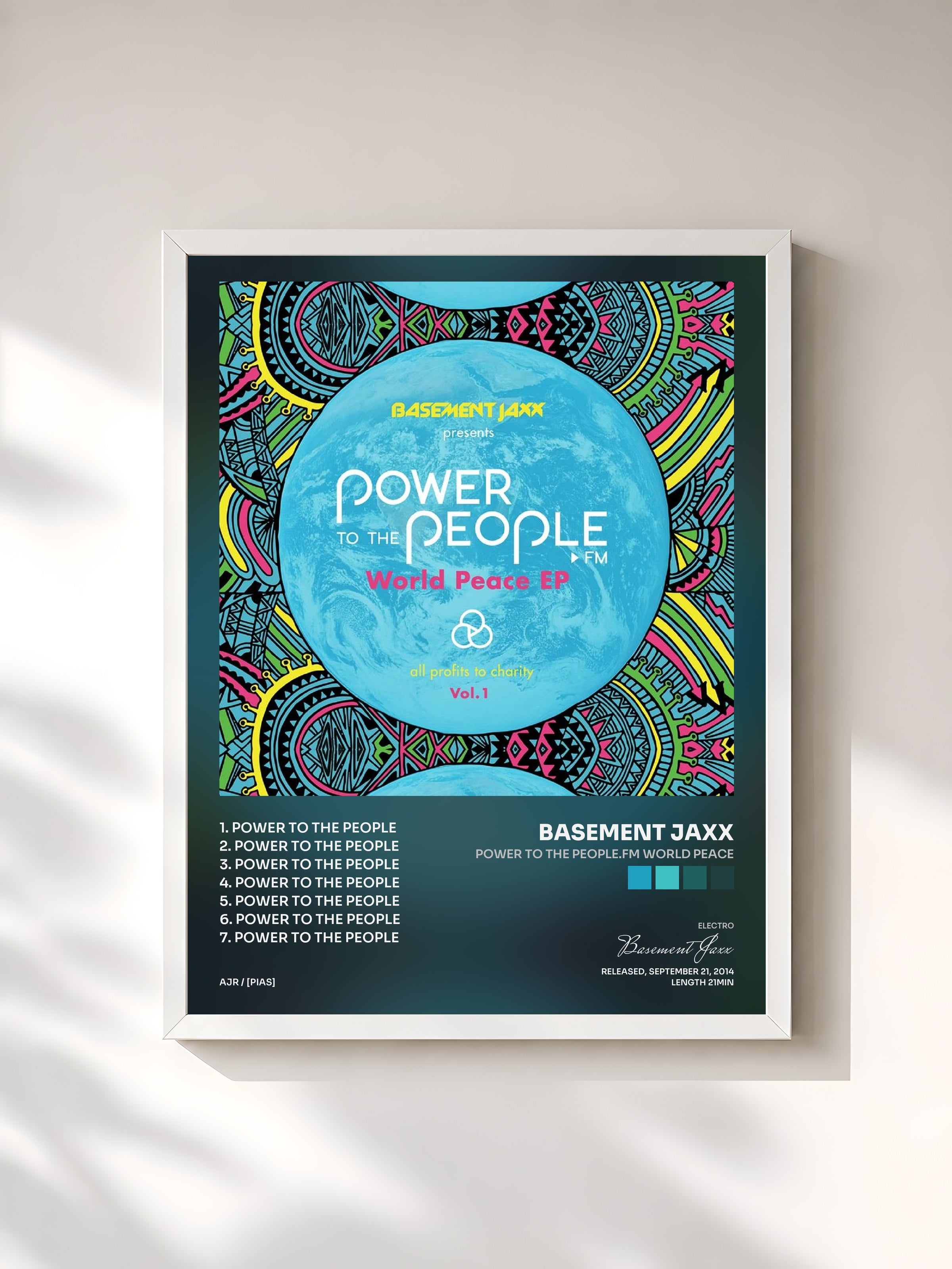 #blanc Tableau de l'album Power to the People.FM World Peace de Basement Jaxx, cadre blanc, imprimé et encadré en France