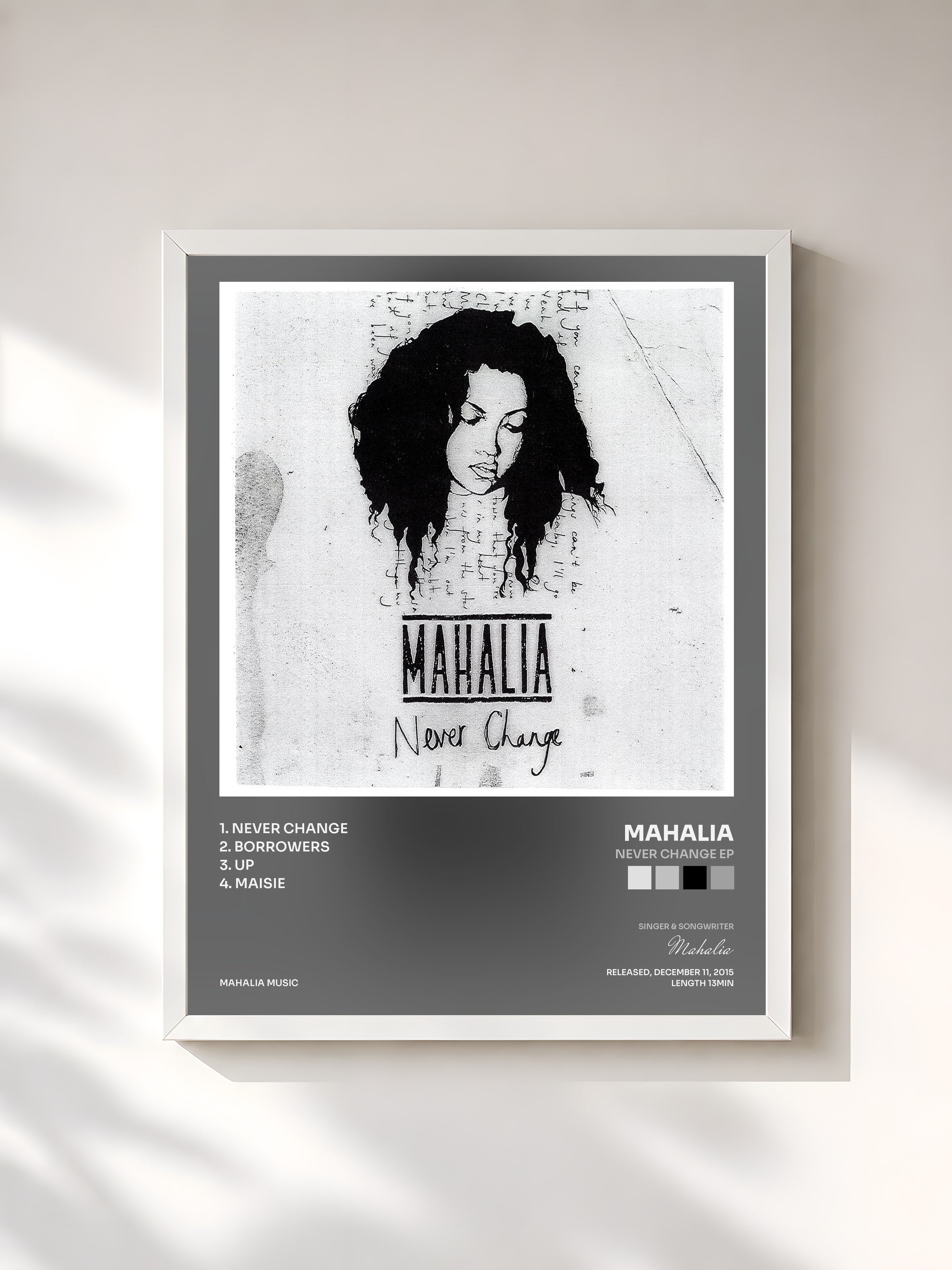 #blanc Tableau de l'album Never Change EP de Mahalia, cadre blanc, imprimé et encadré en France