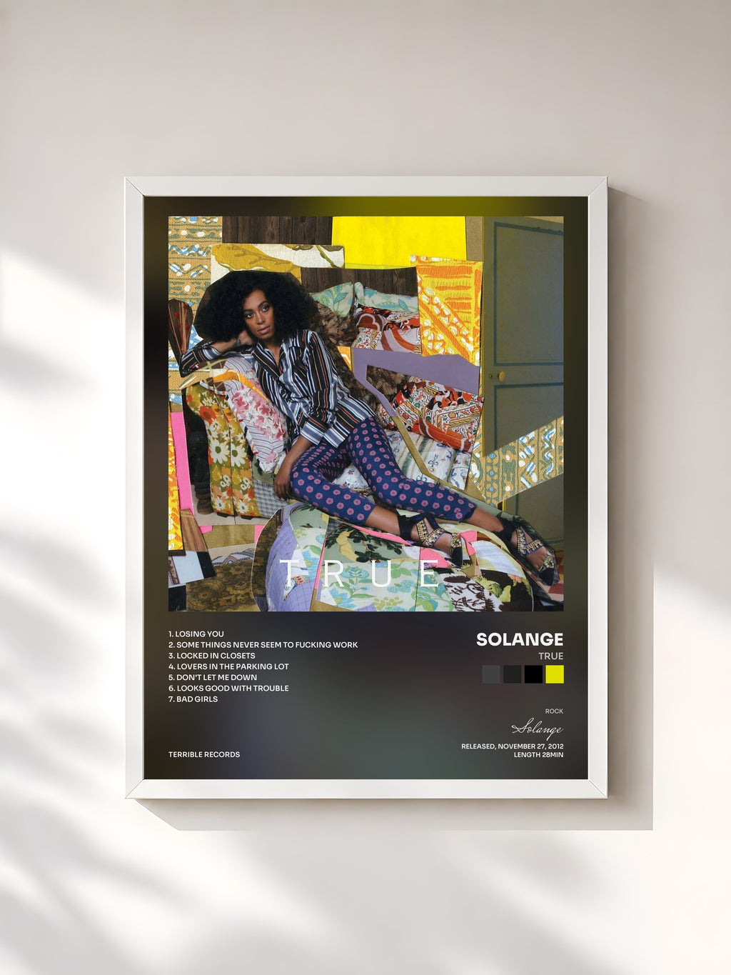 #blanc Tableau de l'album True de Solange, cadre blanc, imprimé et encadré en France