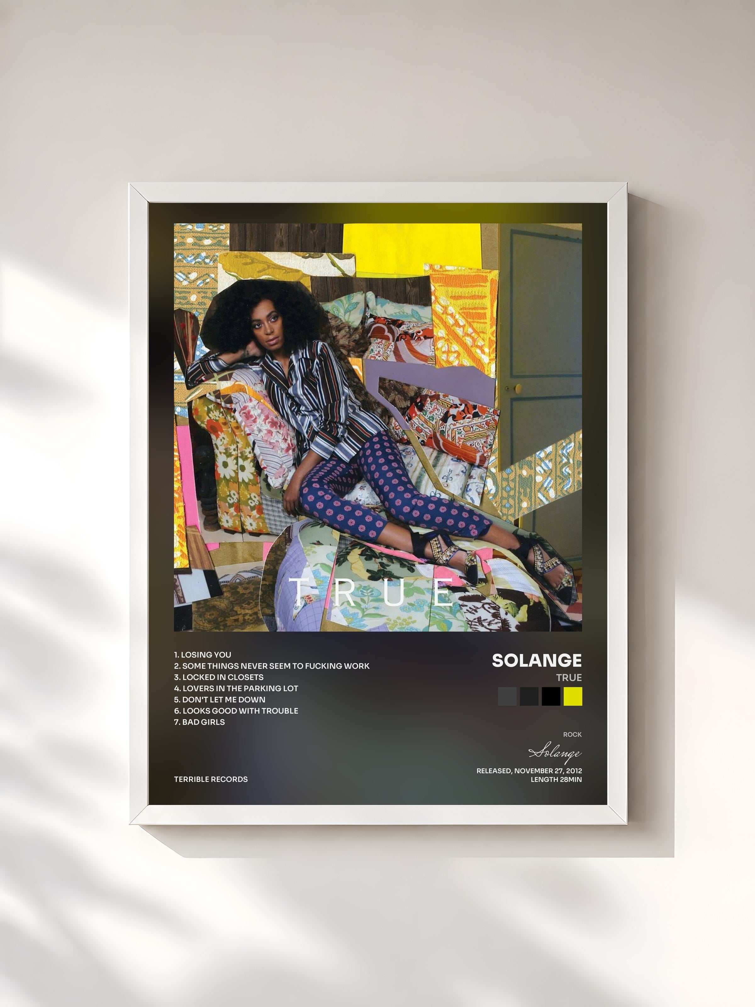 #blanc Tableau de l'album True de Solange, cadre blanc, imprimé et encadré en France