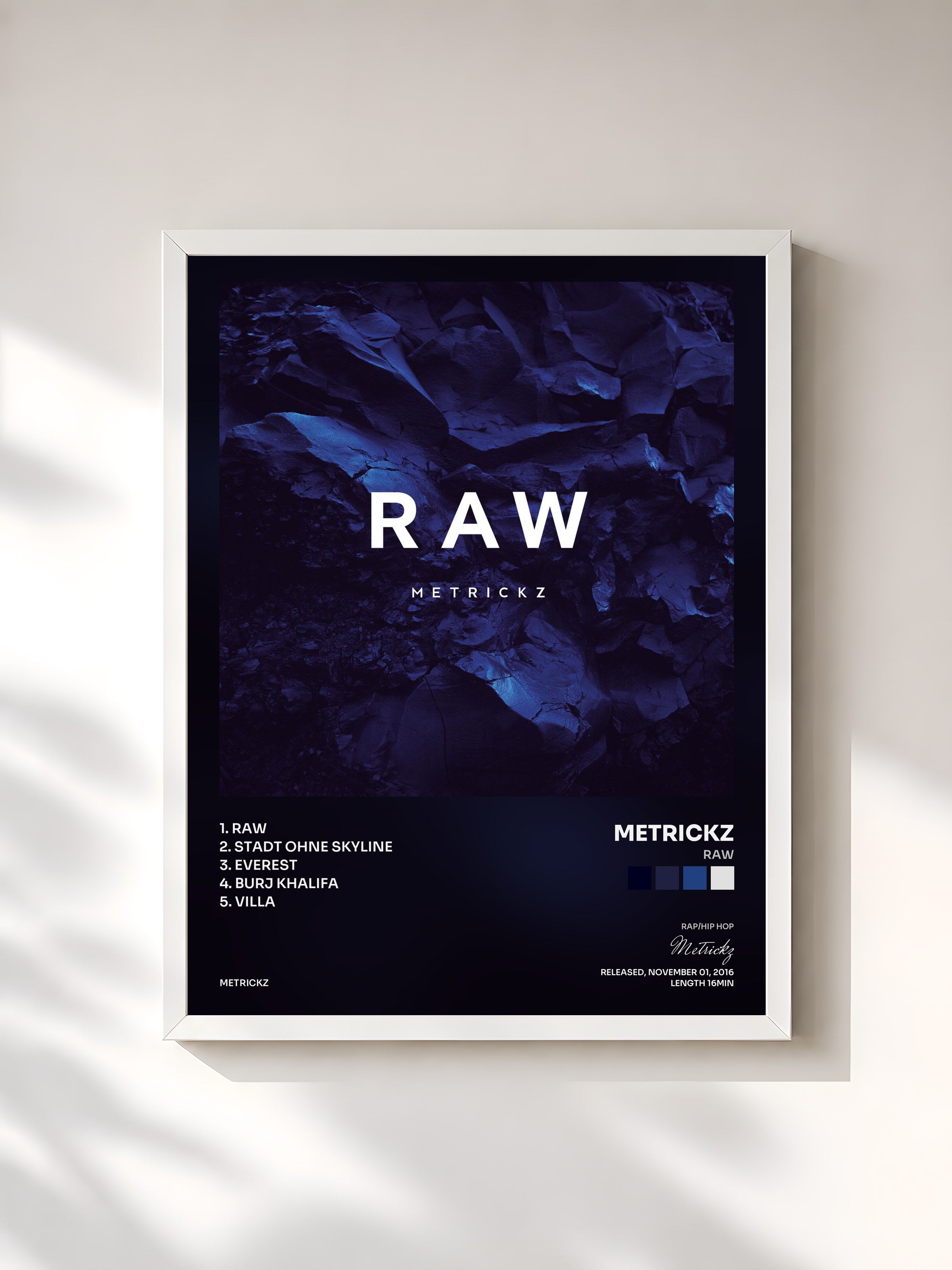 #blanc Tableau de l'album RAW de Metrickz, cadre blanc, imprimé et encadré en France