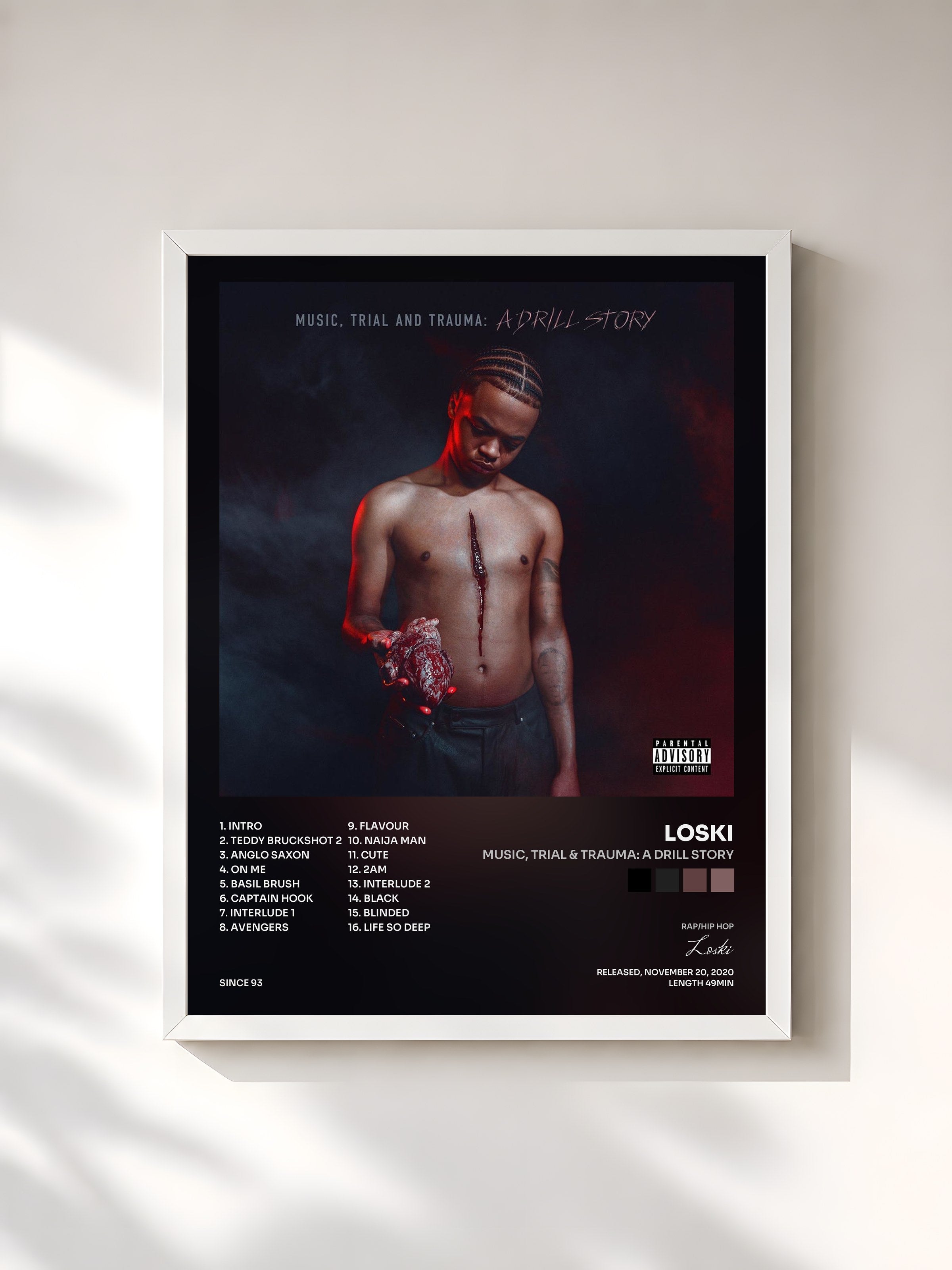 #blanc Tableau de l'album Music, Trial & Trauma: A Drill Story de Loski, cadre blanc, imprimé et encadré en France