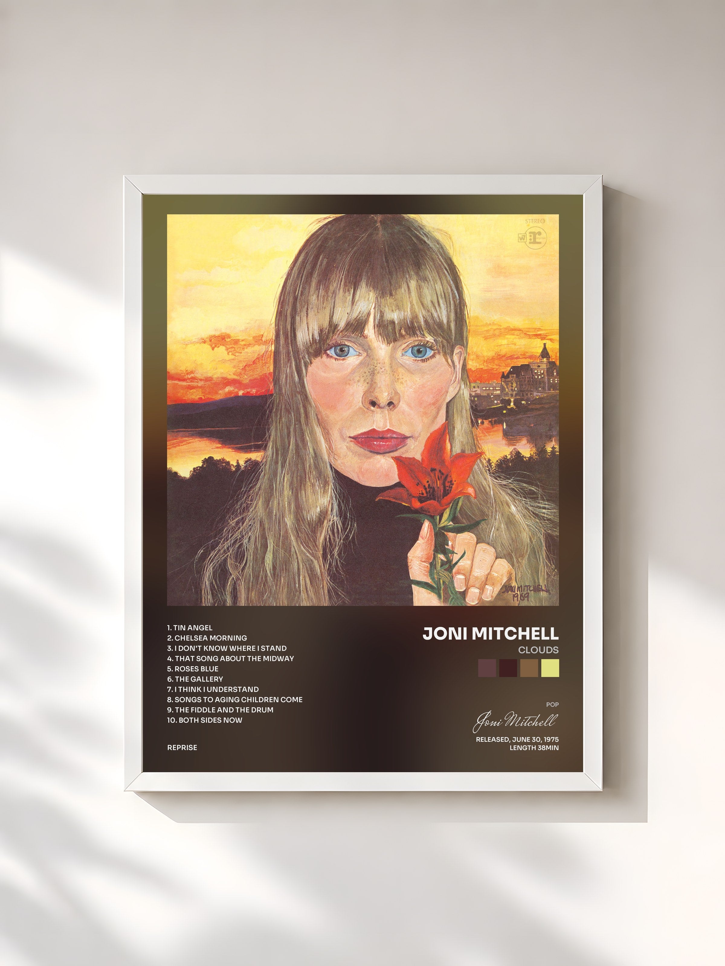 #blanc Tableau de l'album Clouds de Joni Mitchell, cadre blanc, imprimé et encadré en France