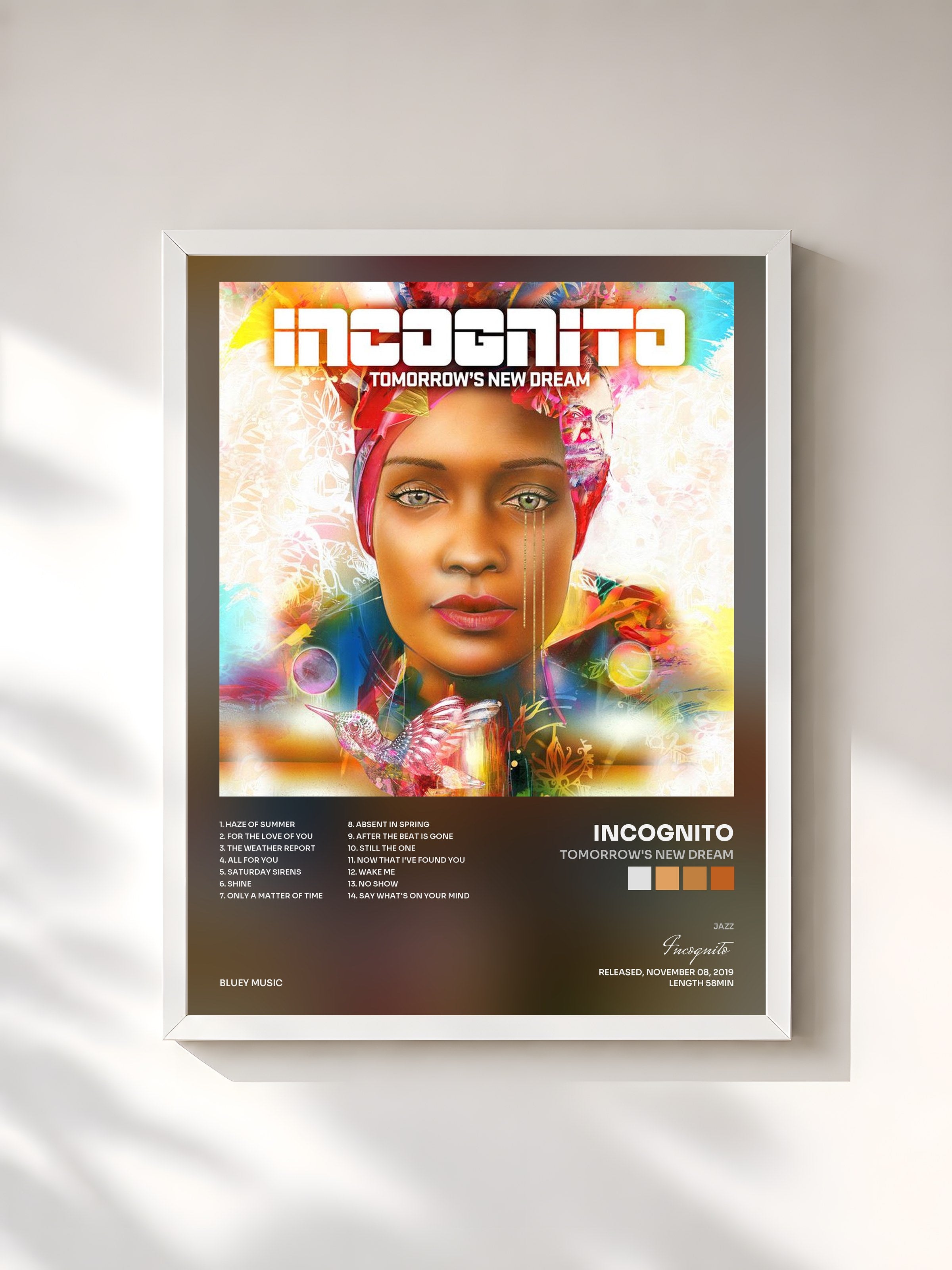 #blanc Tableau de l'album Tomorrow's New Dream de Incognito, cadre blanc, imprimé et encadré en France