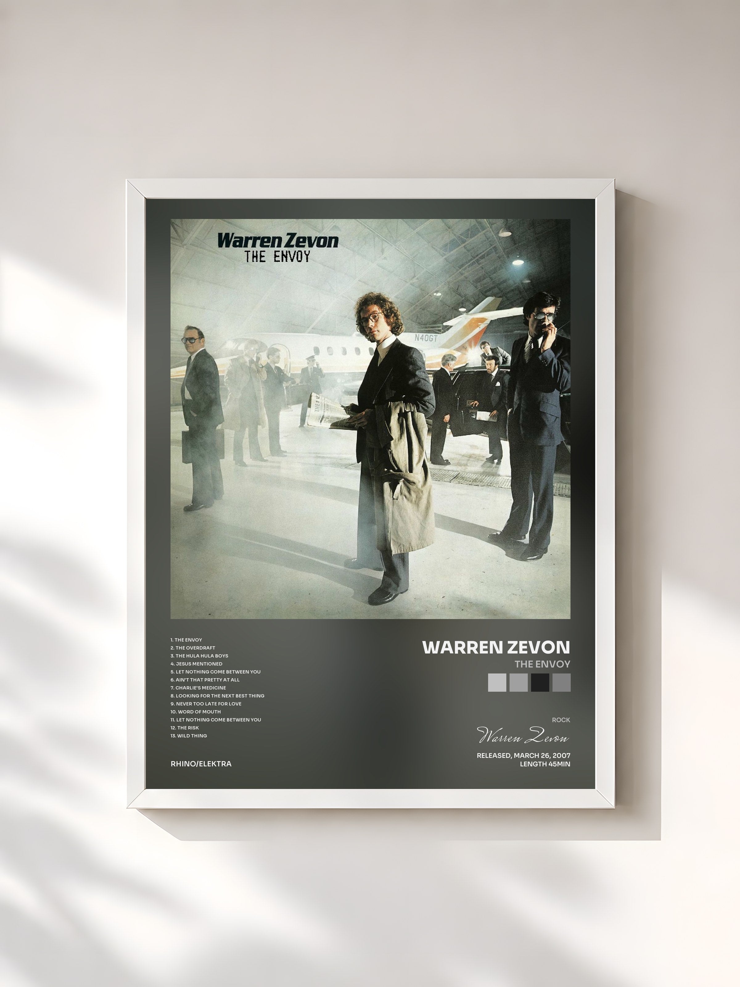 #blanc Tableau de l'album The Envoy de Warren Zevon, cadre blanc, imprimé et encadré en France