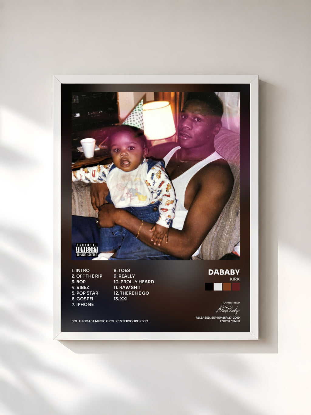 #blanc Tableau de l'album KIRK de DaBaby, cadre blanc, imprimé et encadré en France