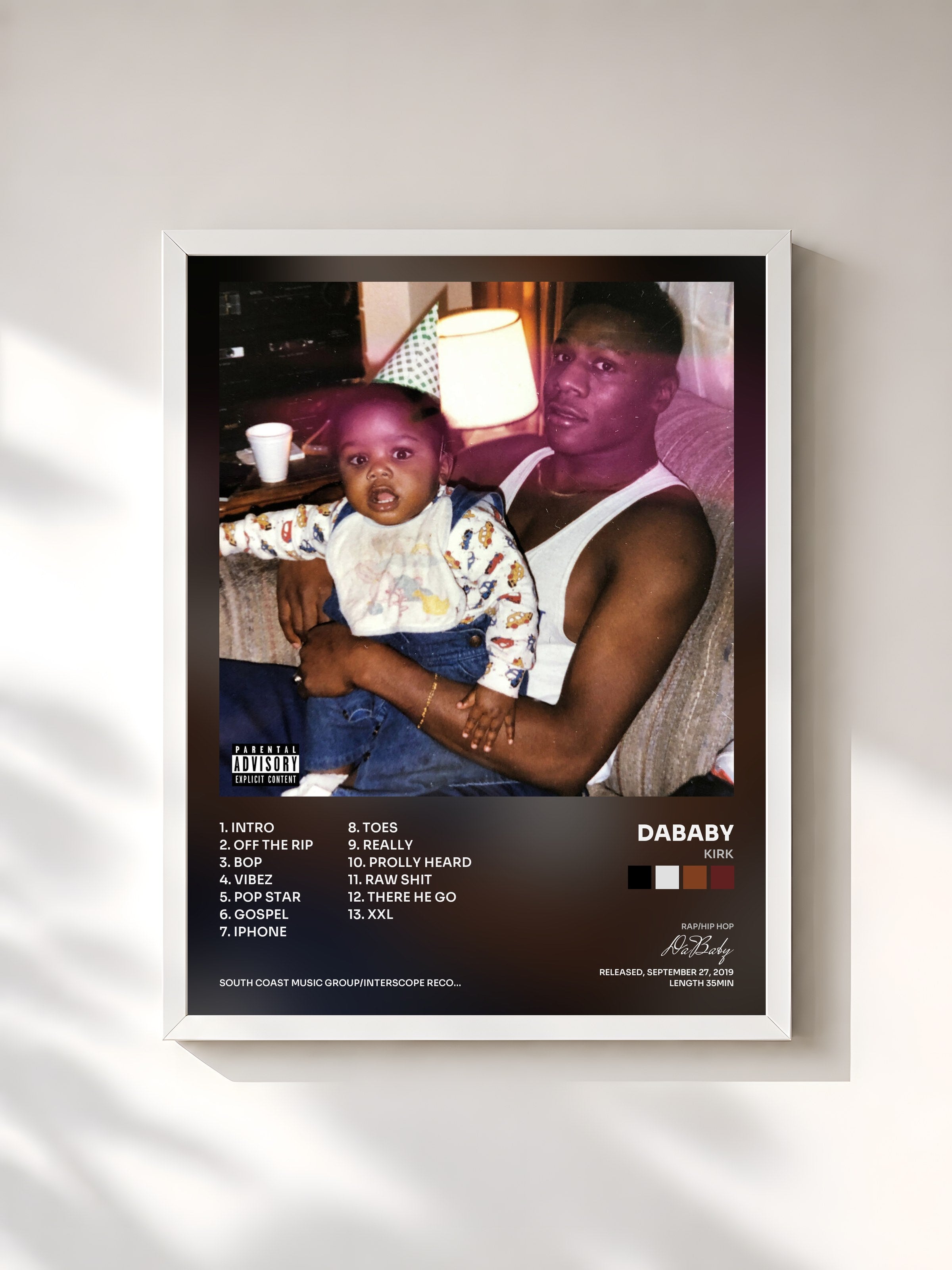 #blanc Tableau de l'album KIRK de DaBaby, cadre blanc, imprimé et encadré en France