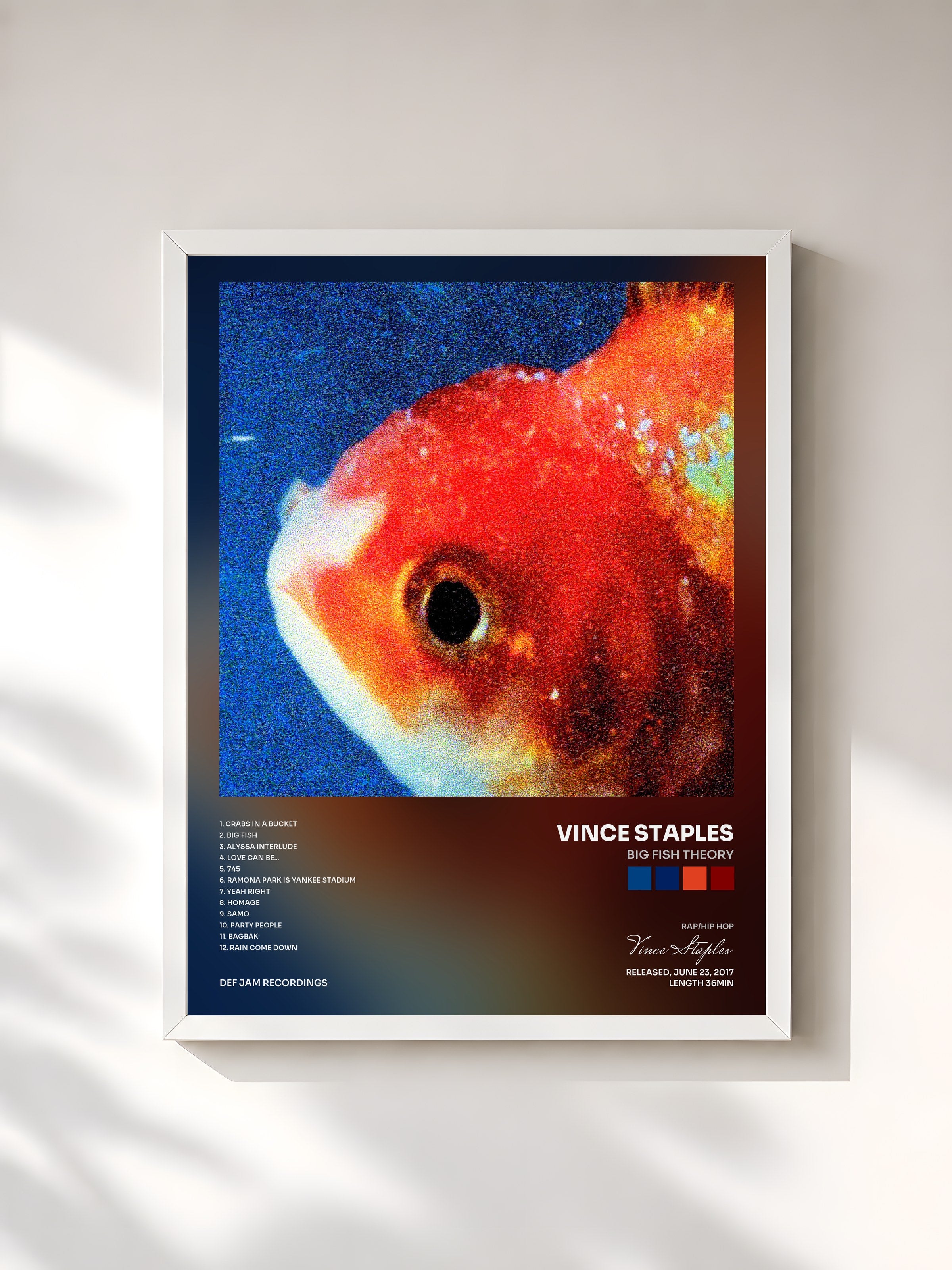 #blanc Tableau de l'album Big Fish Theory de Vince Staples, cadre blanc, imprimé et encadré en France