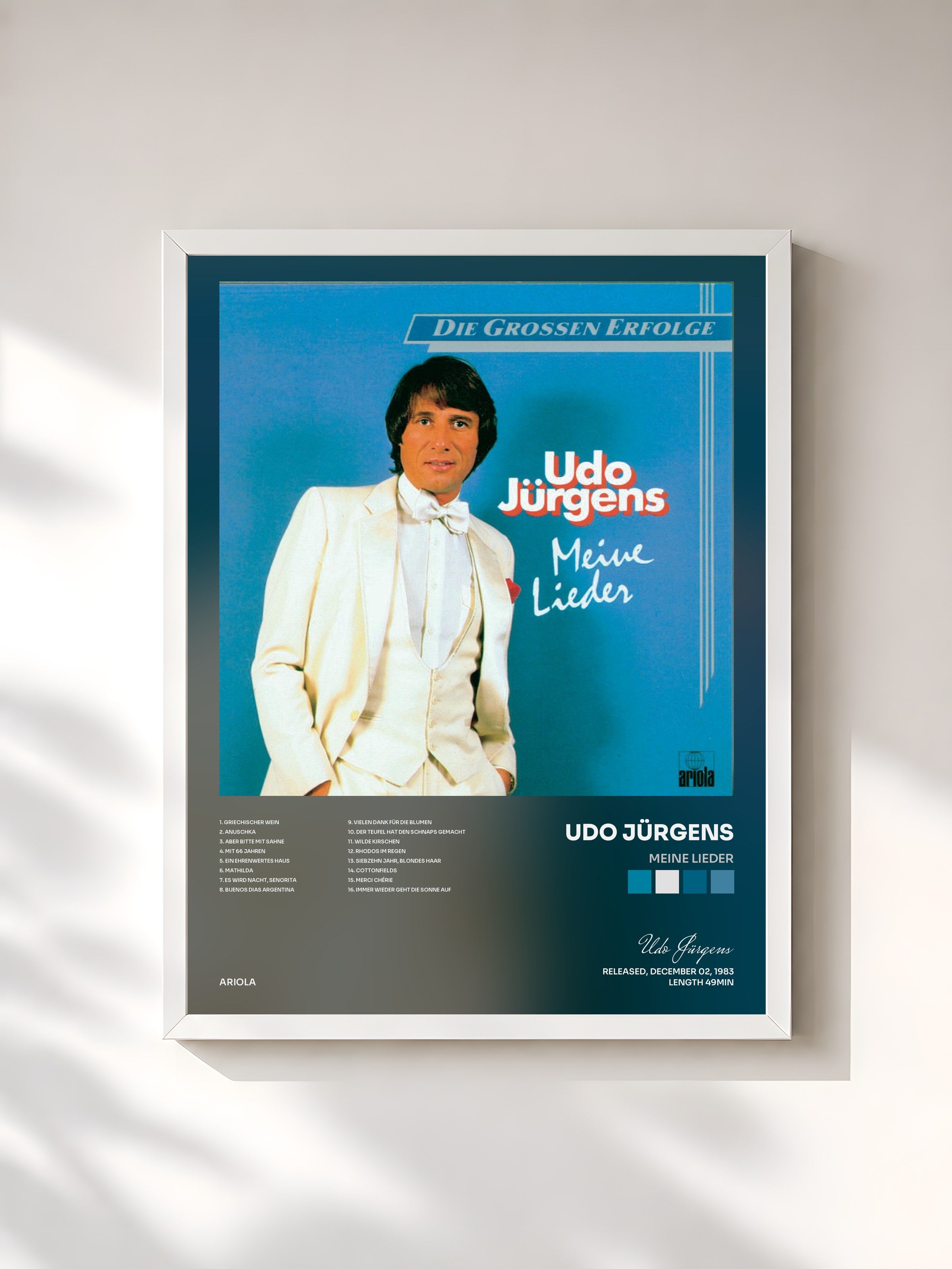 #blanc Tableau de l'album Meine Lieder de Udo Jürgens, cadre blanc, imprimé et encadré en France
