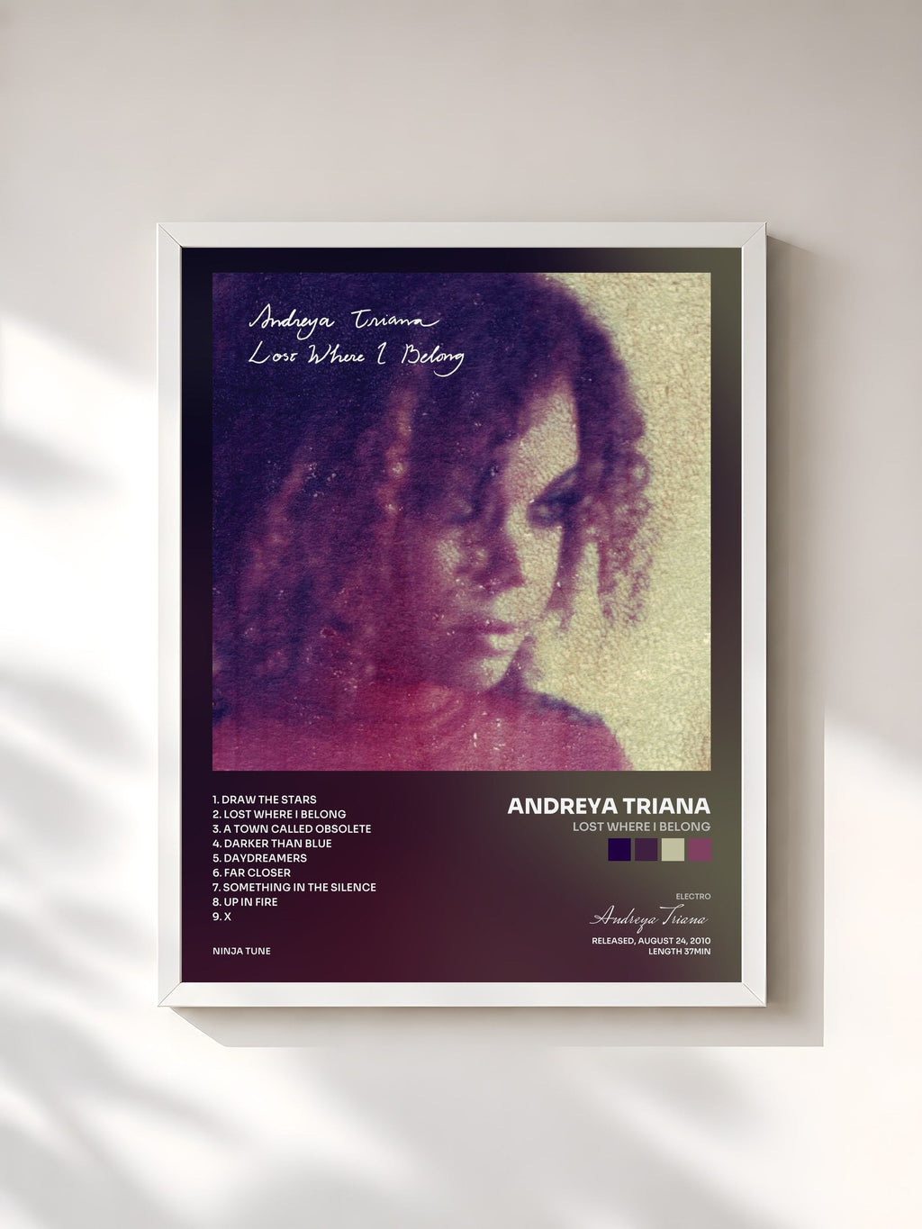 #blanc Tableau de l'album Lost Where I Belong de Andreya Triana, cadre blanc, imprimé et encadré en France