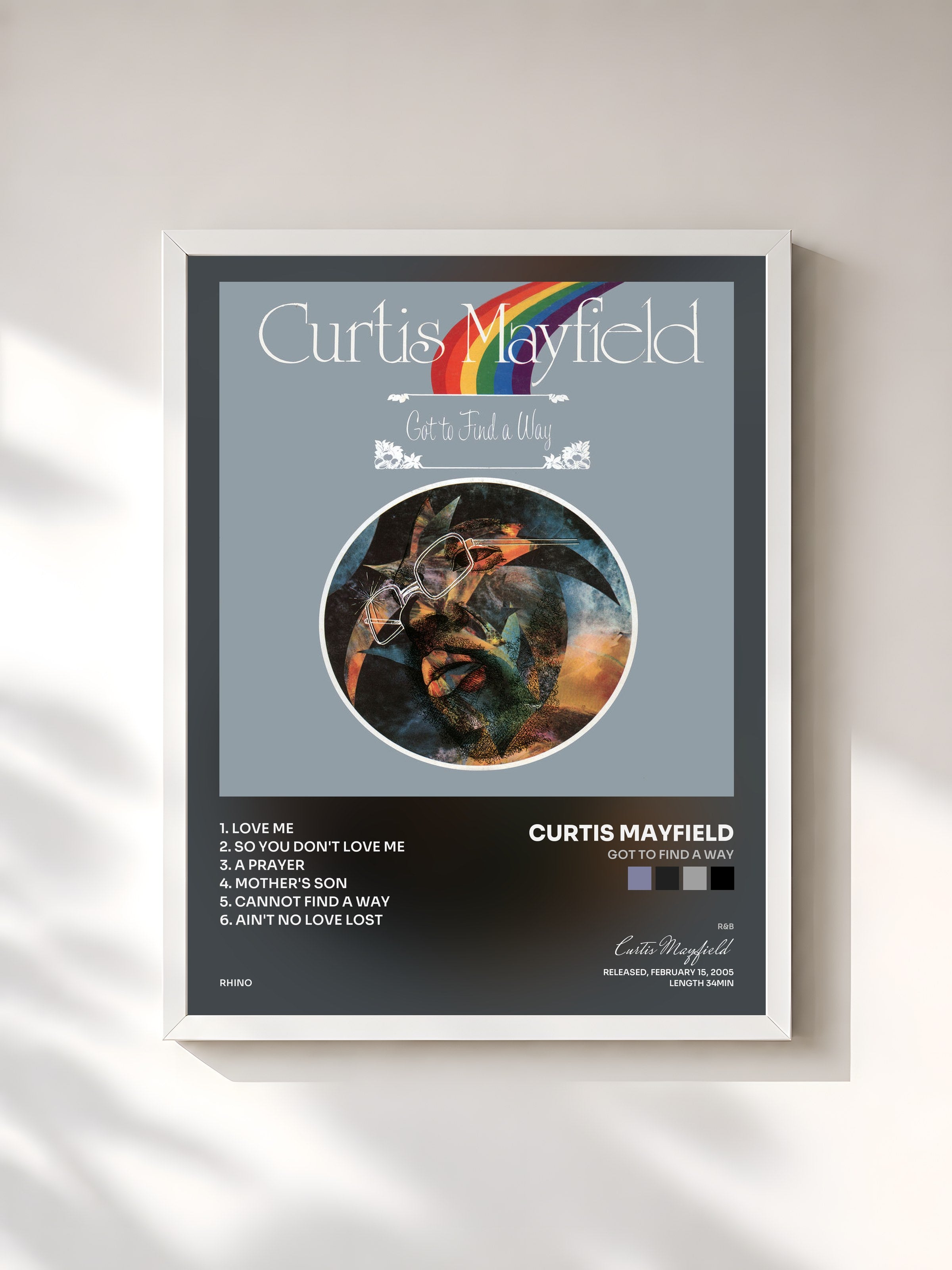 #blanc Tableau de l'album Got to Find a Way de Curtis Mayfield, cadre blanc, imprimé et encadré en France