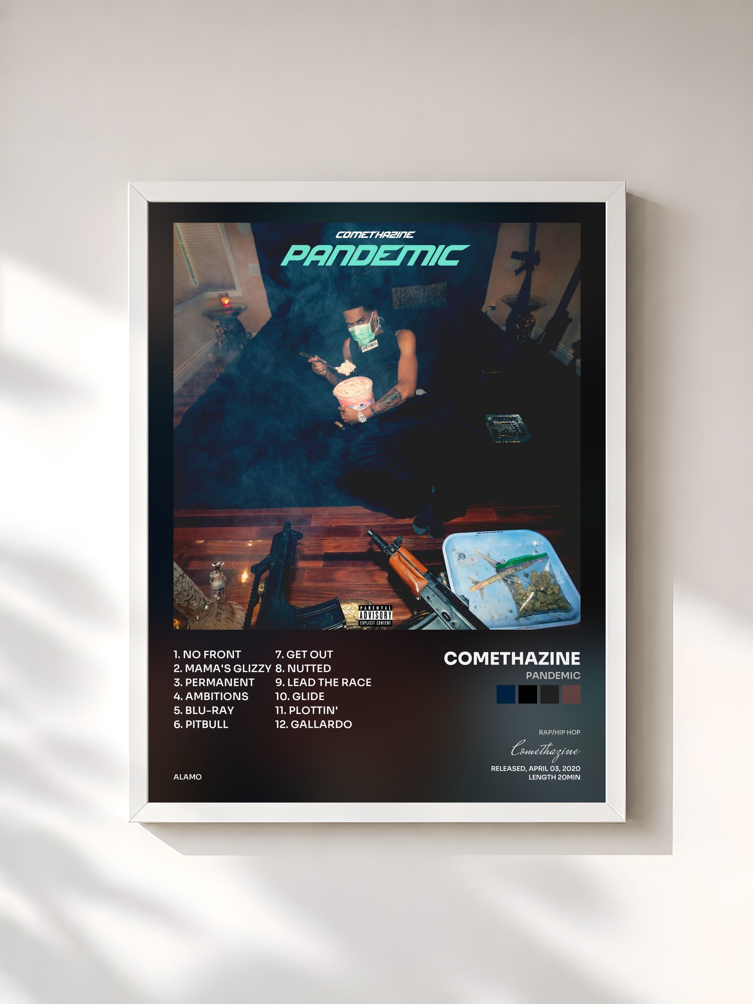 #blanc Tableau de l'album Pandemic de Comethazine, cadre blanc, imprimé et encadré en France