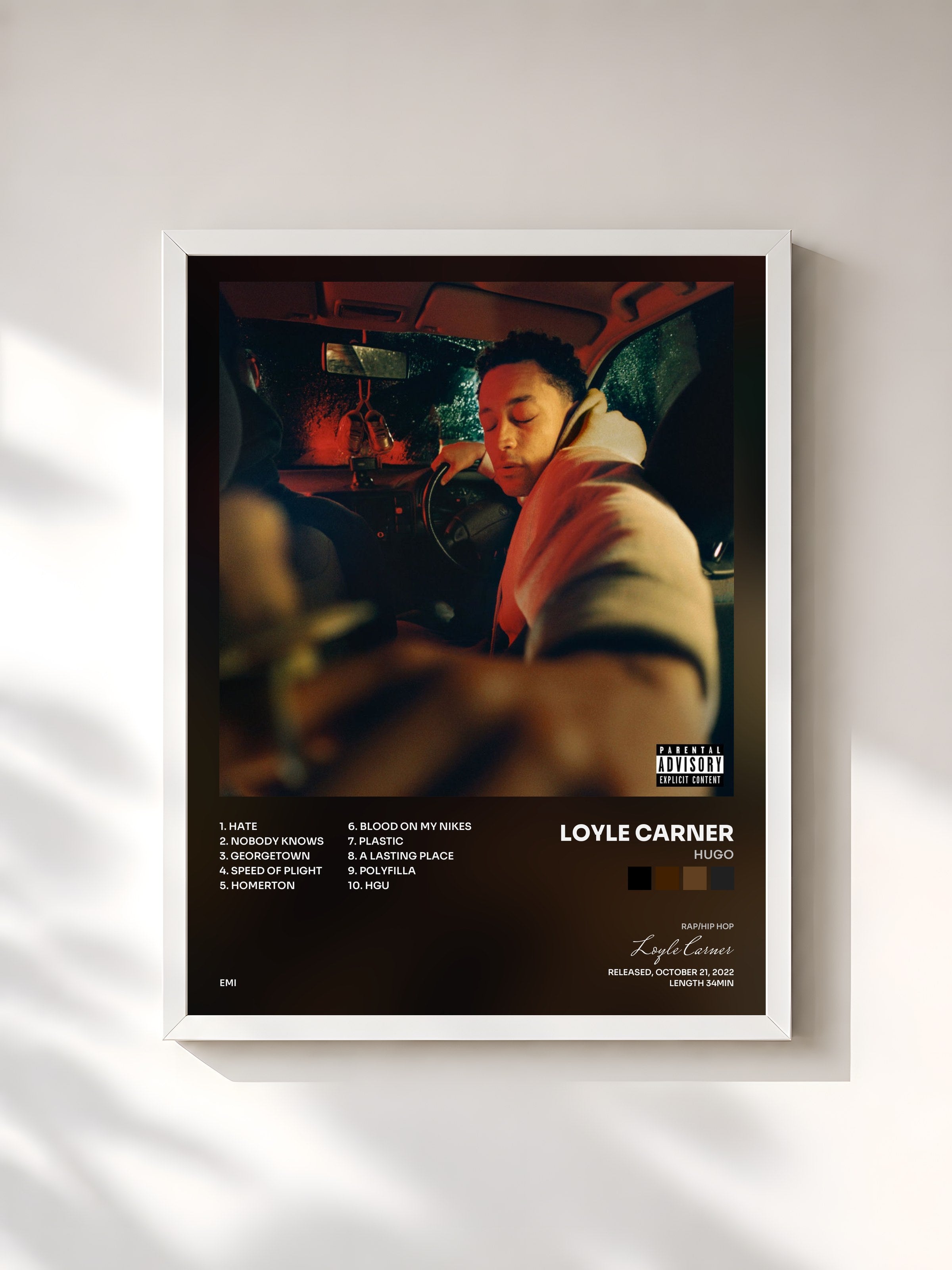 #blanc Tableau de l'album hugo de Loyle Carner, cadre blanc, imprimé et encadré en France
