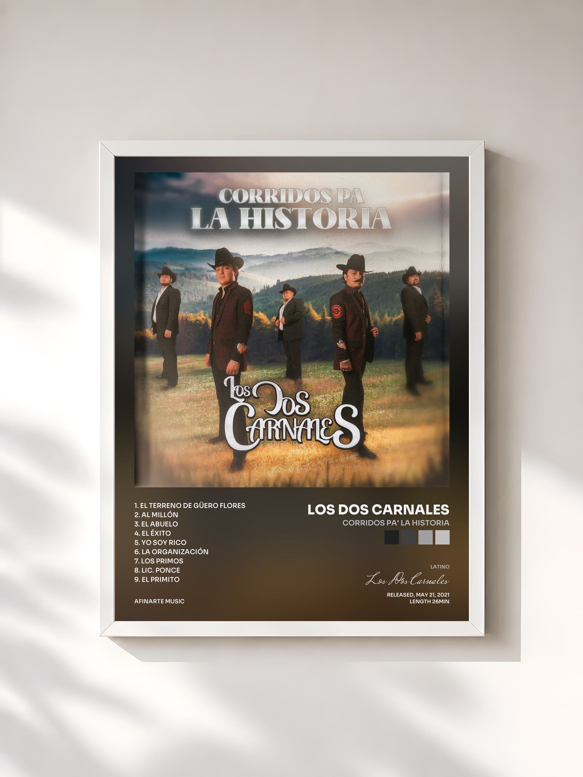 #blanc Tableau de l'album Corridos Pa' la Historia de Los Dos Carnales, cadre blanc, imprimé et encadré en France