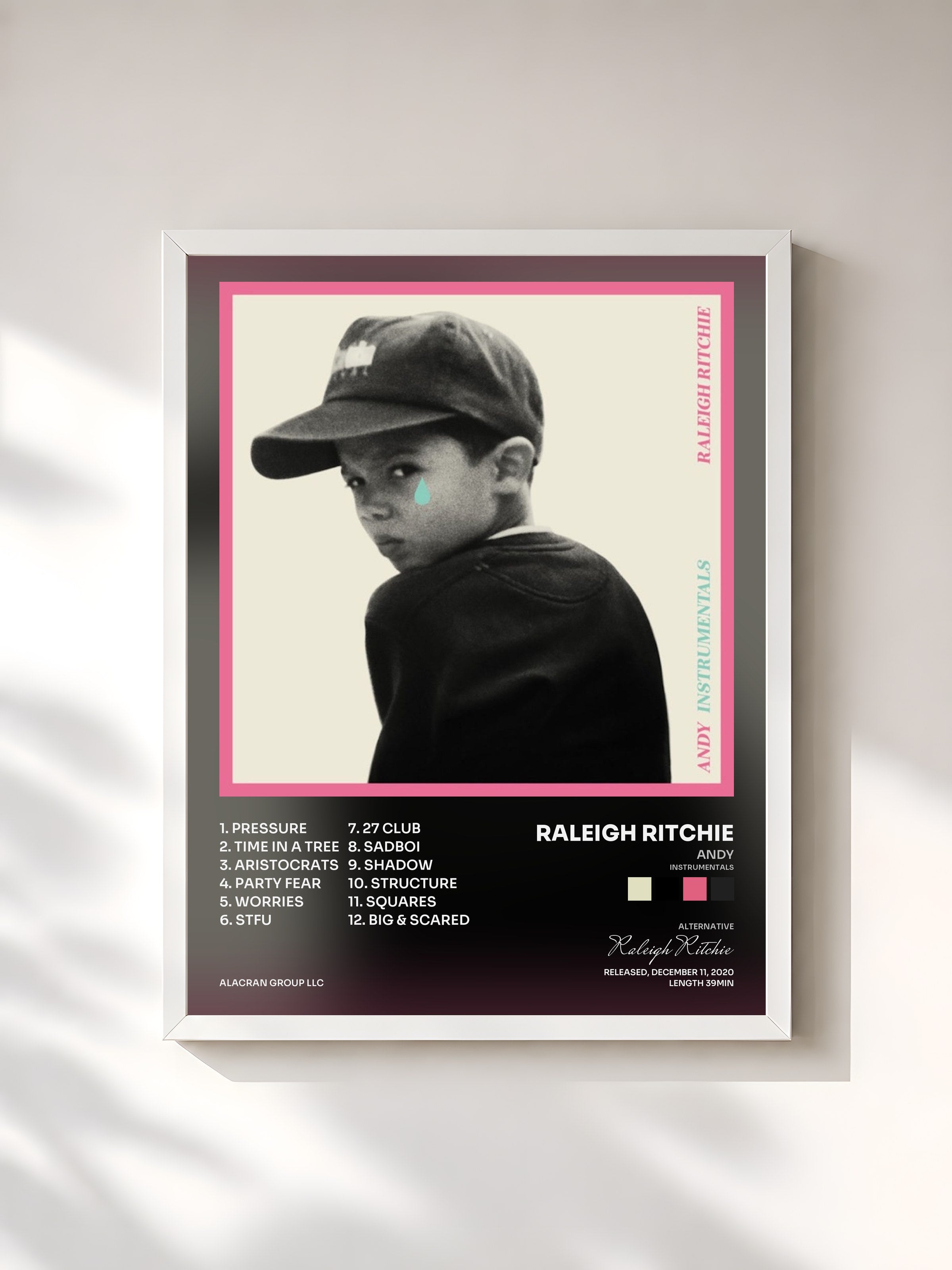 #blanc Tableau de l'album Andy (Instrumentals) de Raleigh Ritchie, cadre blanc, imprimé et encadré en France