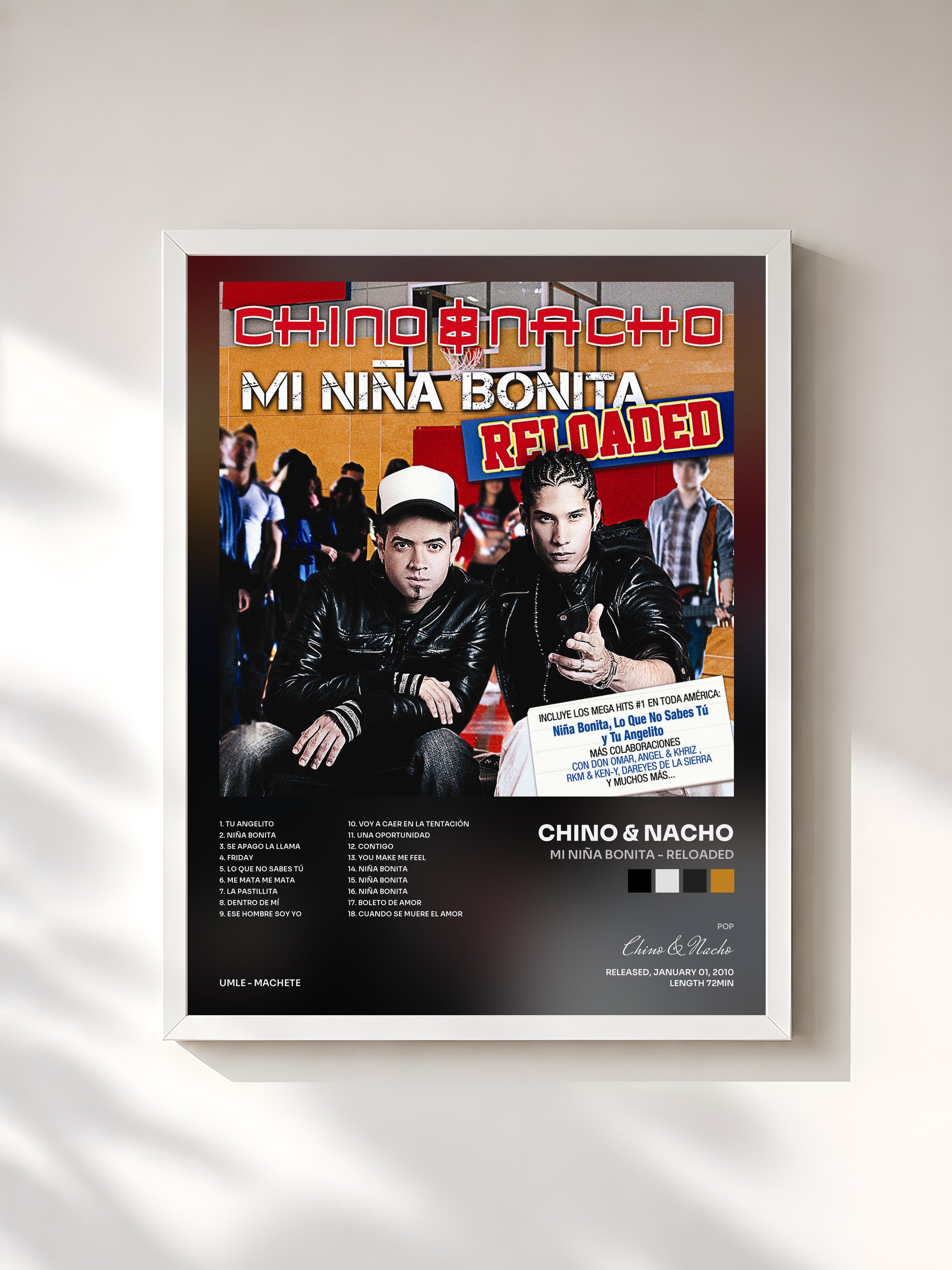 #blanc Tableau de l'album Mi Niña Bonita - Reloaded de Chino & Nacho, cadre blanc, imprimé et encadré en France