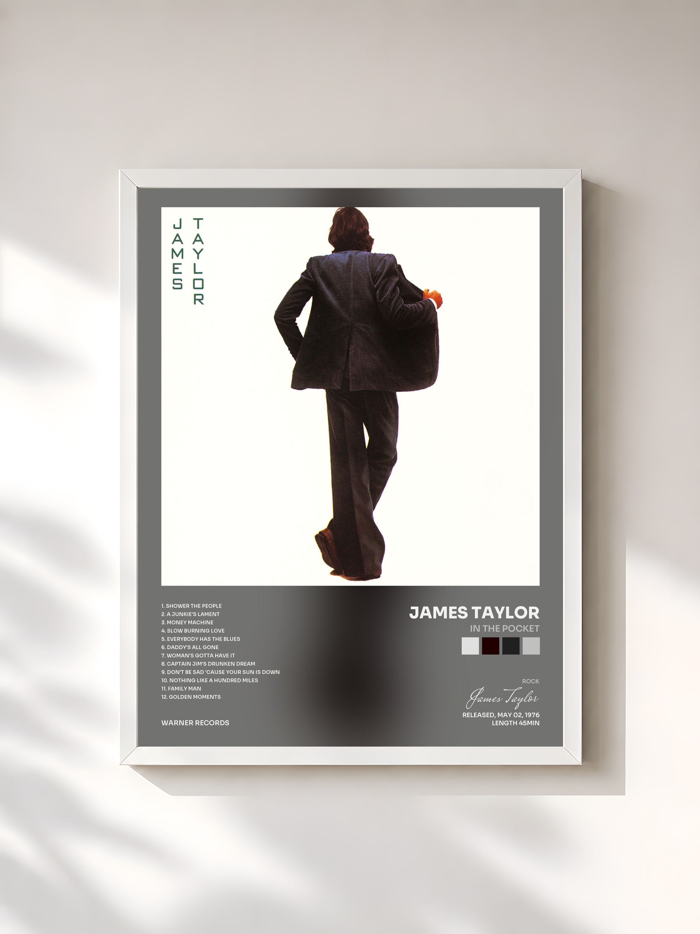 #blanc Tableau de l'album In the Pocket de James Taylor, cadre blanc, imprimé et encadré en France