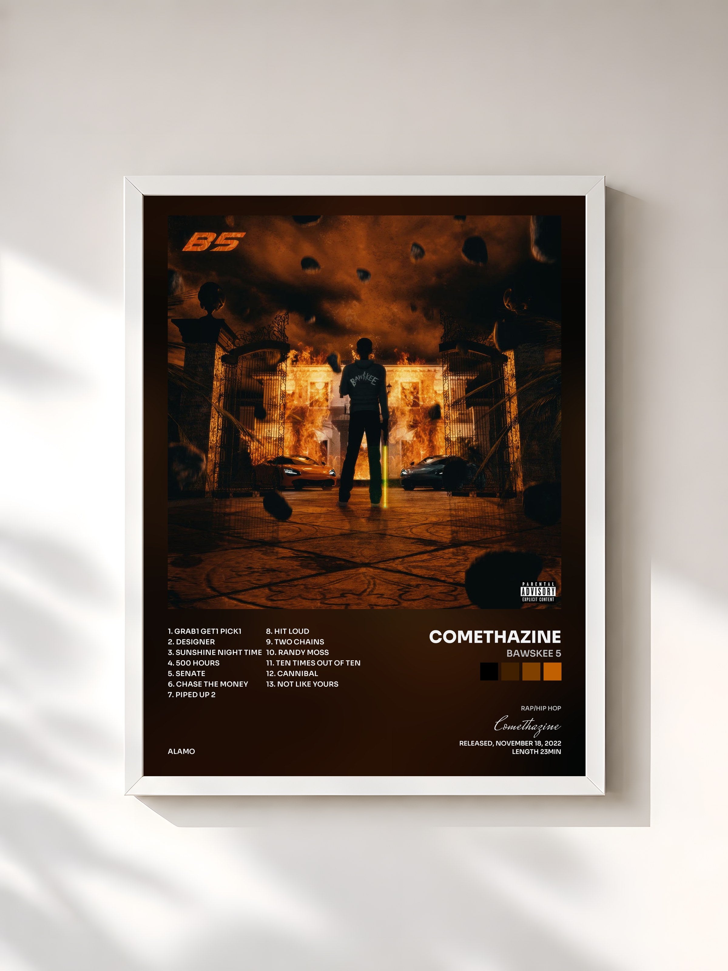 #blanc Tableau de l'album Bawskee 5 de Comethazine, cadre blanc, imprimé et encadré en France