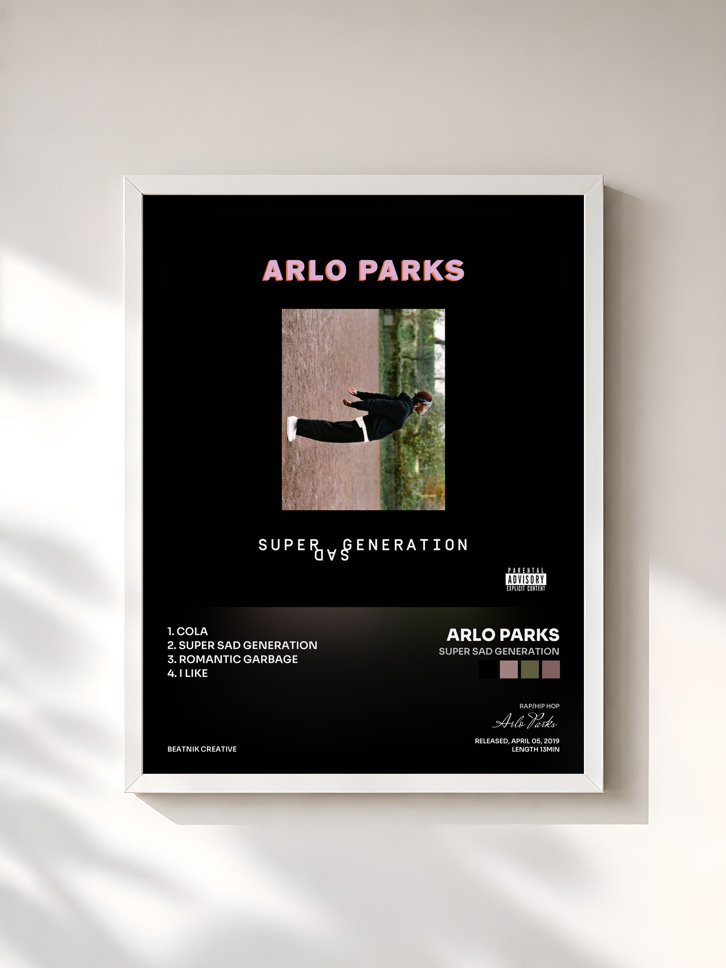 #blanc Tableau de l'album Super Sad Generation de Arlo Parks, cadre blanc, imprimé et encadré en France