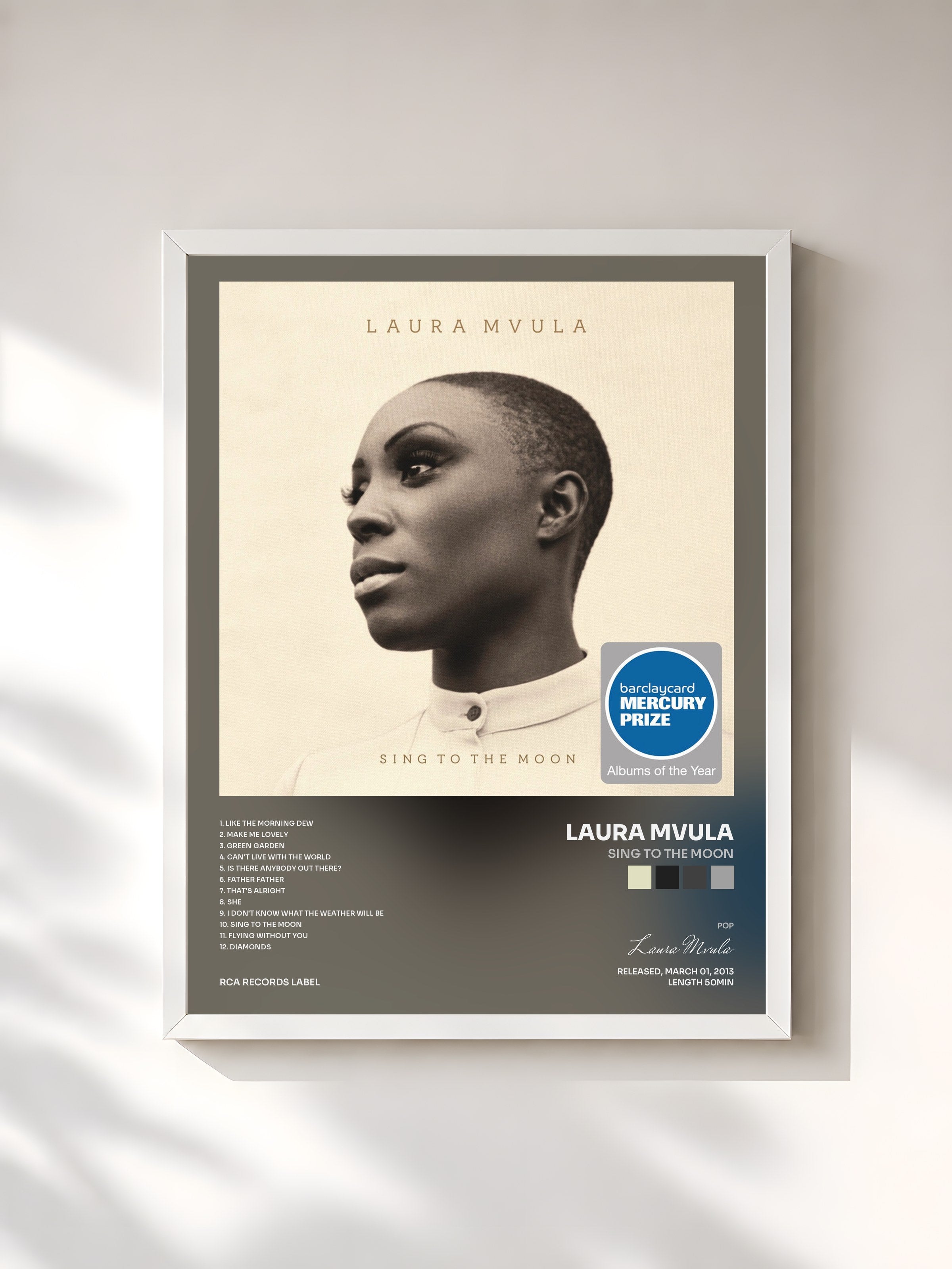 #blanc Tableau de l'album Sing to the Moon de Laura Mvula, cadre blanc, imprimé et encadré en France