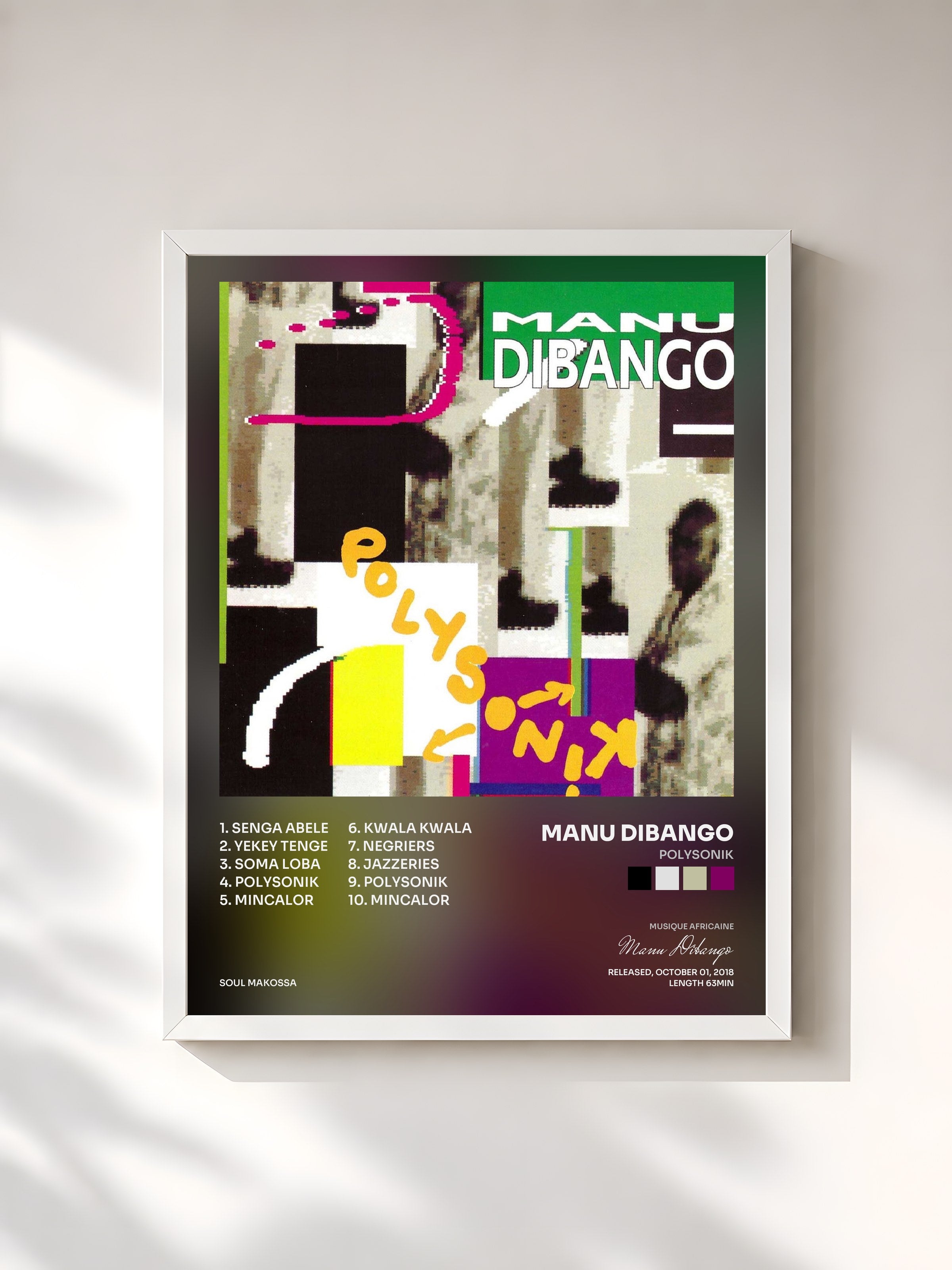 #blanc Tableau de l'album Polysonik de Manu Dibango, cadre blanc, imprimé et encadré en France