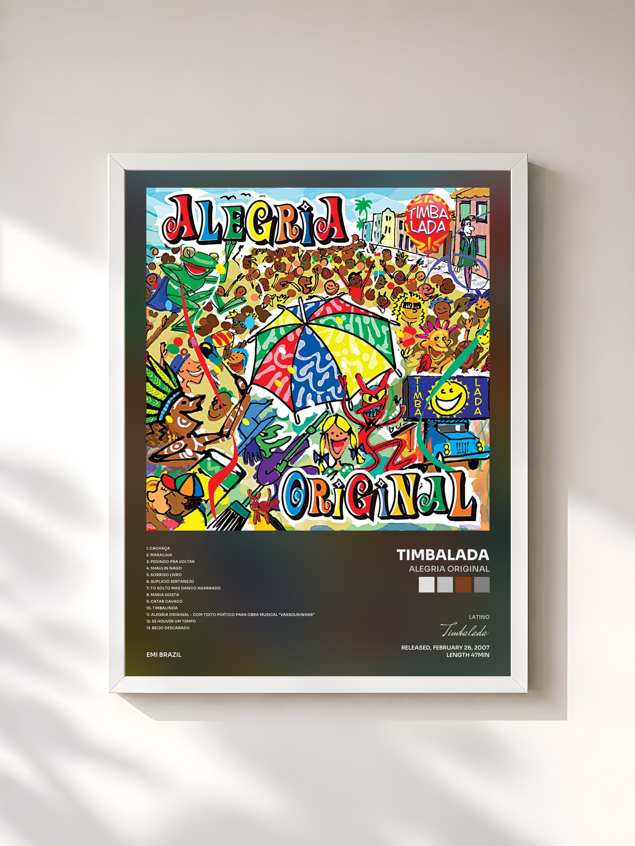 #blanc Tableau de l'album Alegria Original de Timbalada, cadre blanc, imprimé et encadré en France