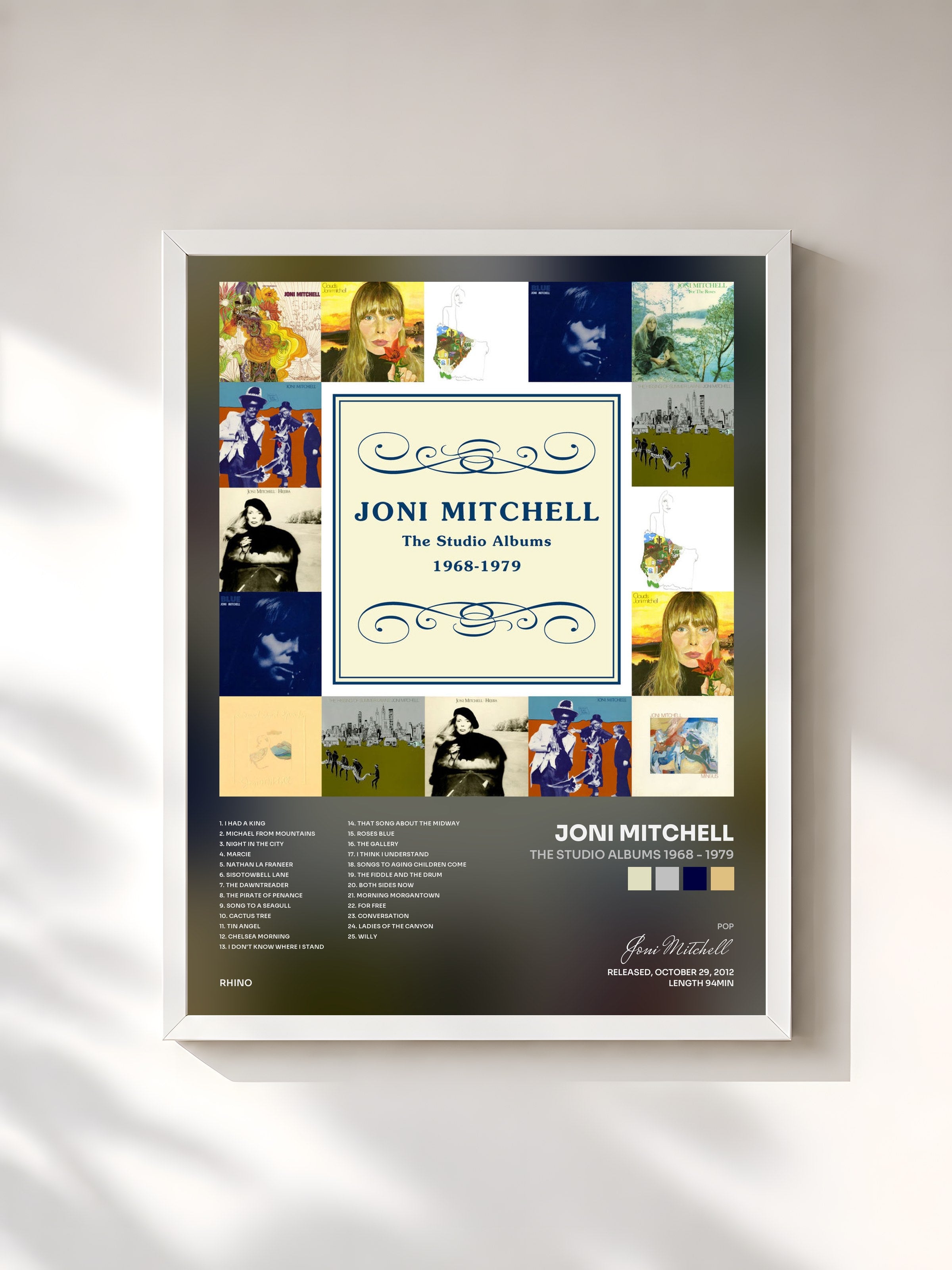 #blanc Tableau de l'album The Studio Albums 1968 - 1979 de Joni Mitchell, cadre blanc, imprimé et encadré en France