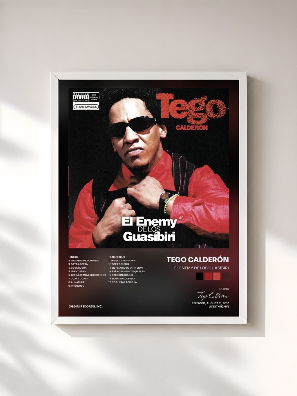 #blanc Tableau de l'album El Enemy de Los Guasíbiri de Tego Calderón, cadre blanc, imprimé et encadré en France