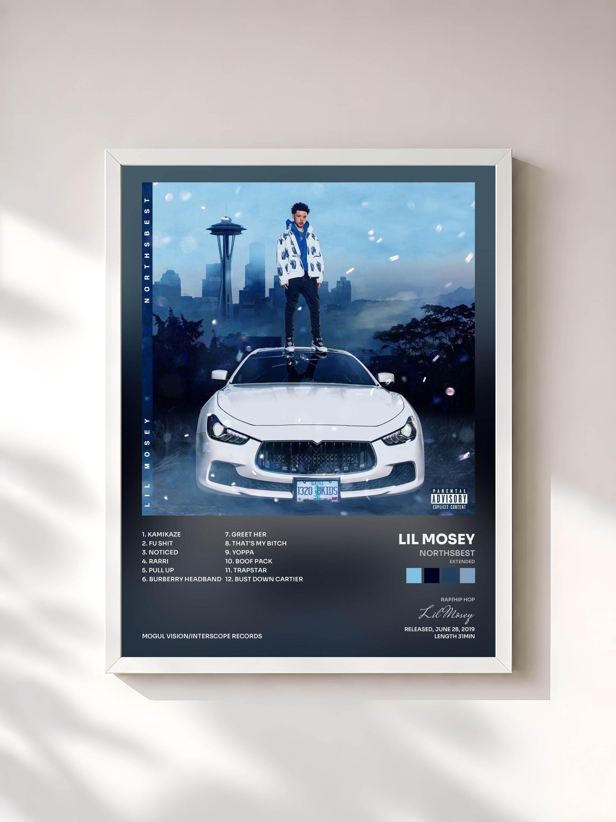 #blanc Tableau de l'album Northsbest (Extended) de Lil Mosey, cadre blanc, imprimé et encadré en France