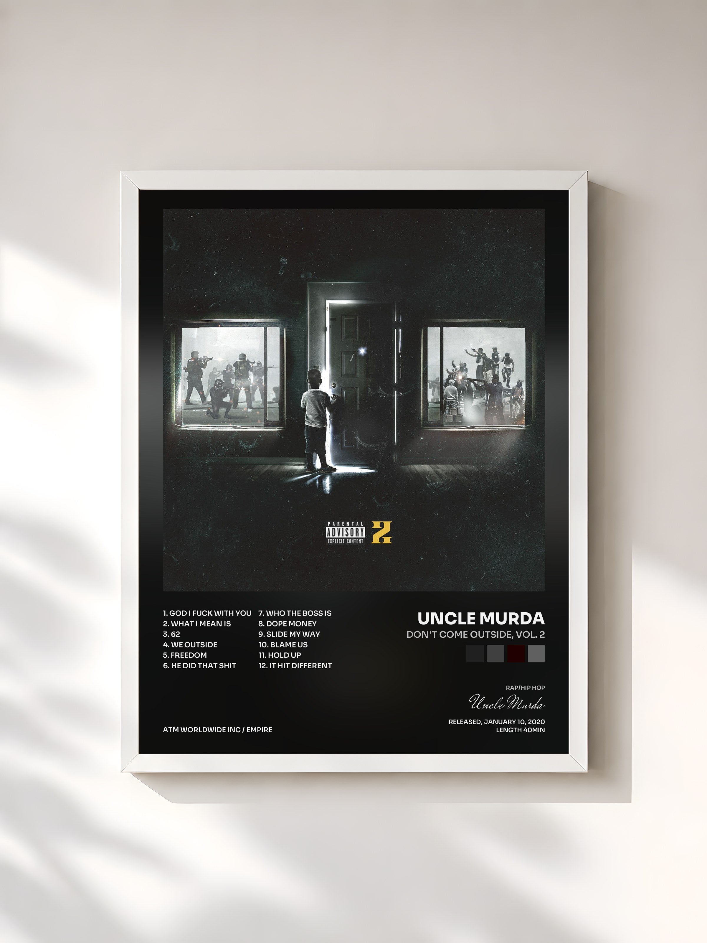 #blanc Tableau de l'album Don't Come Outside, Vol. 2 de Uncle Murda, cadre blanc, imprimé et encadré en France