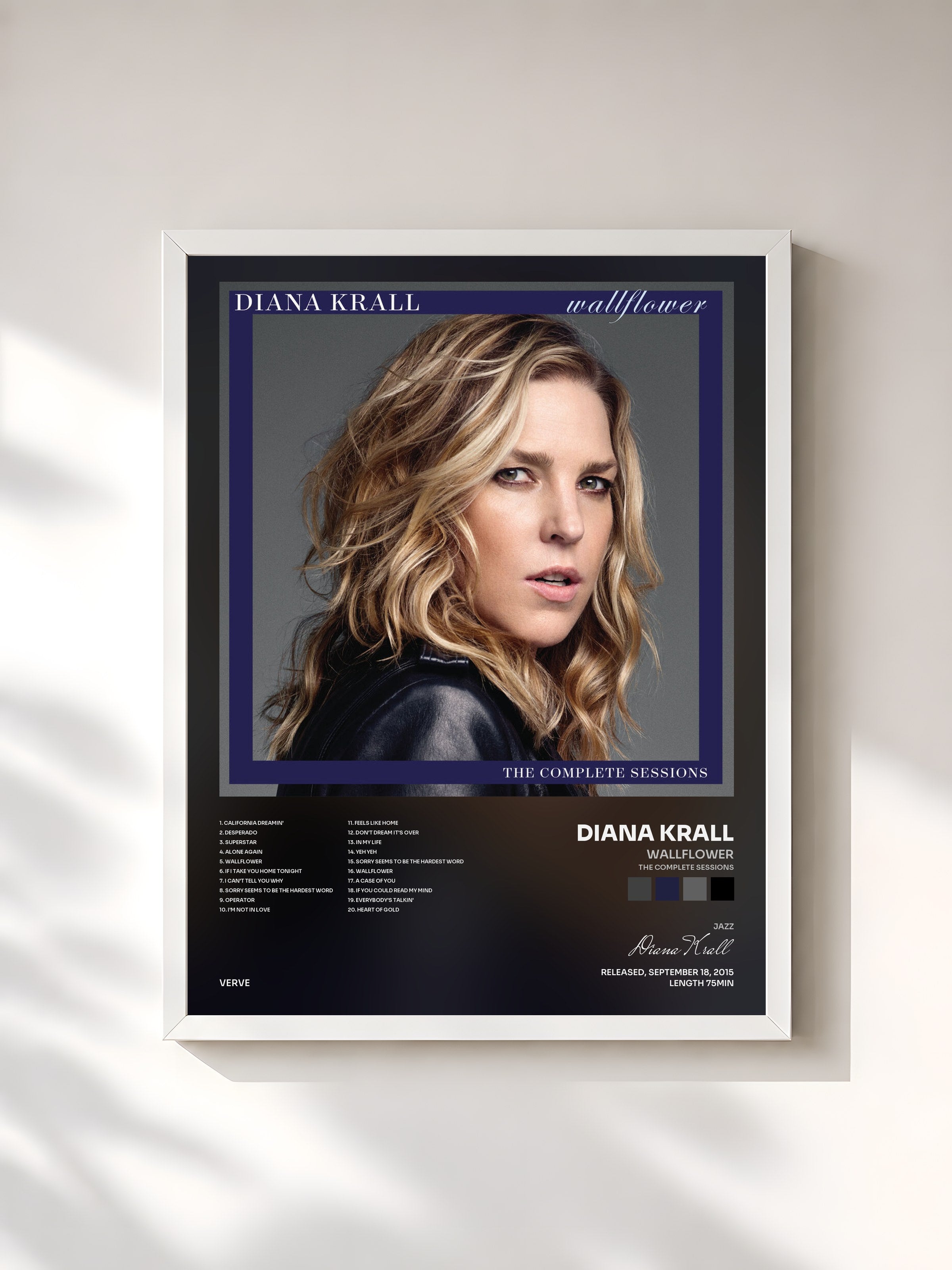 #blanc Tableau de l'album Wallflower (The Complete Sessions) de Diana Krall, cadre blanc, imprimé et encadré en France