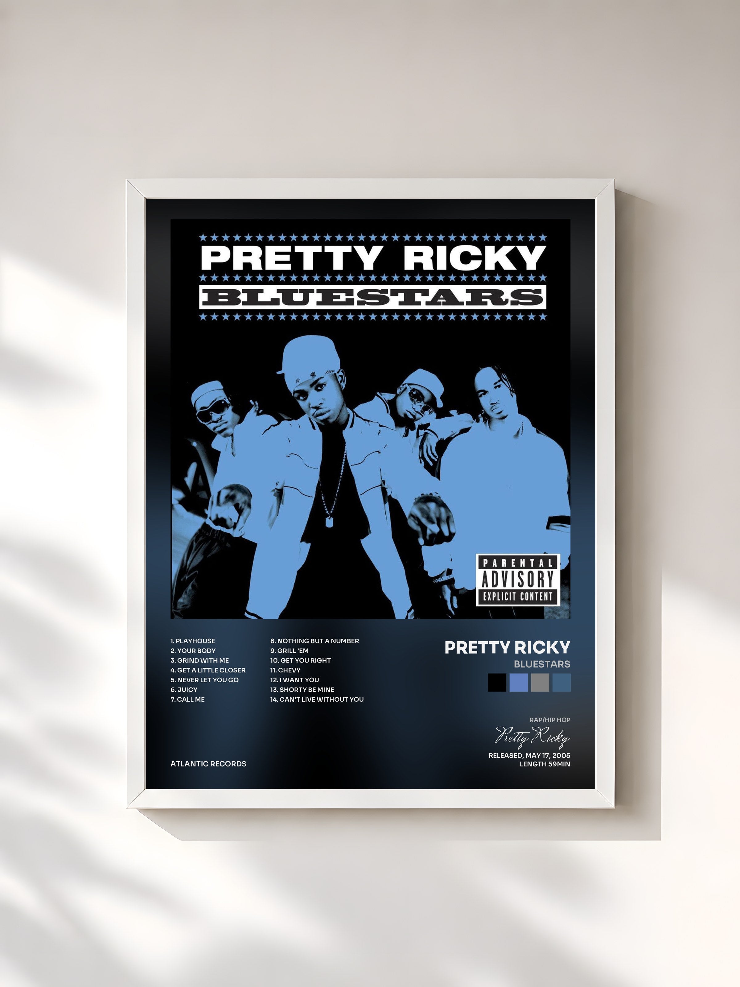 #blanc Tableau de l'album Bluestars de Pretty Ricky, cadre blanc, imprimé et encadré en France
