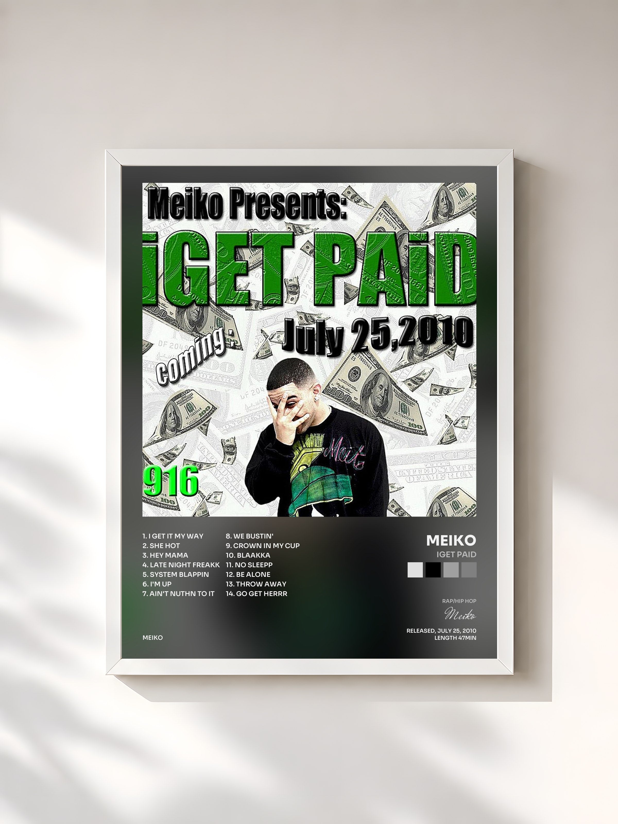 #blanc Tableau de l'album Iget Paid de Meiko, cadre blanc, imprimé et encadré en France