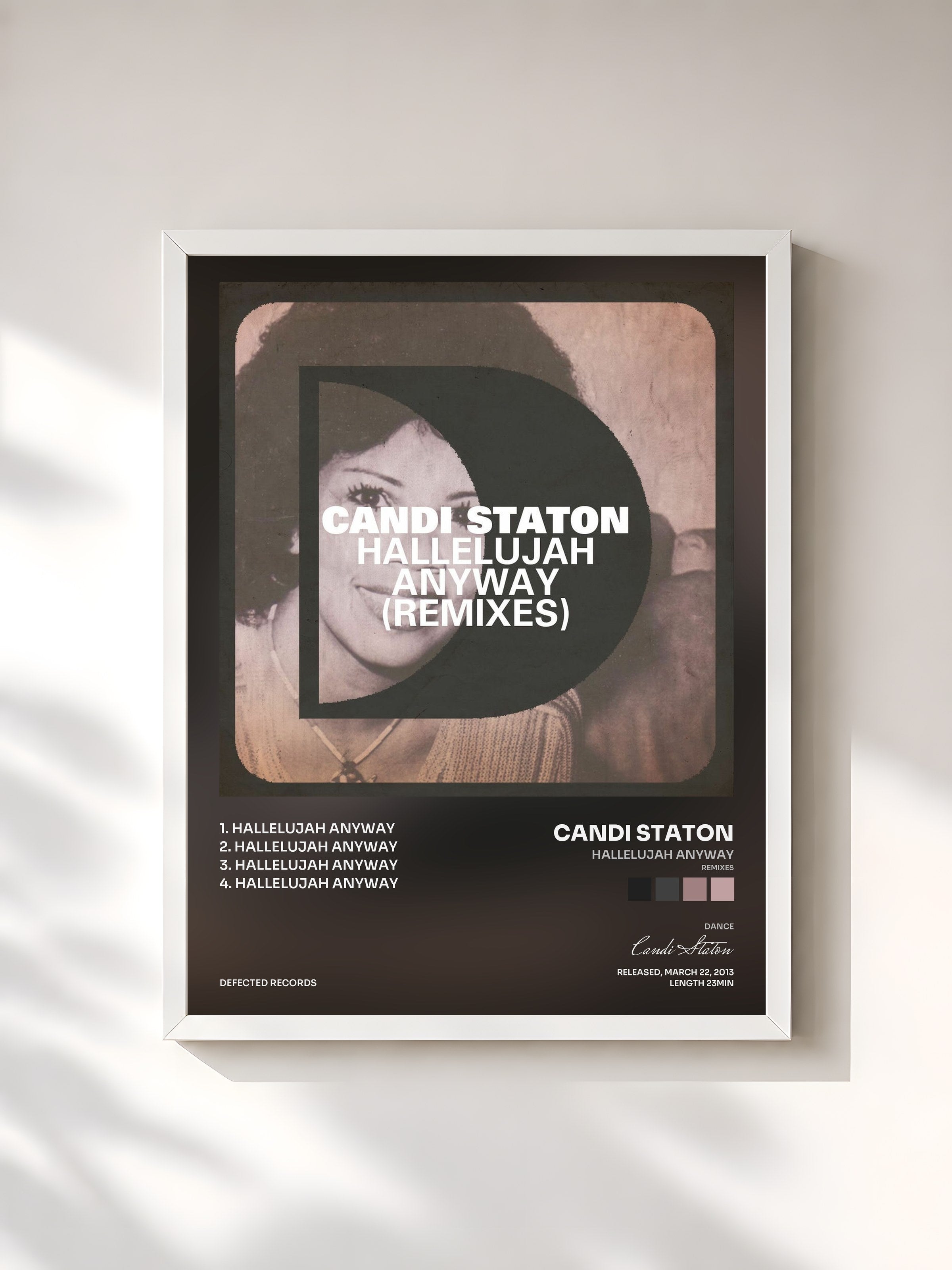 #blanc Tableau de l'album Hallelujah Anyway (Remixes) de Candi Staton, cadre blanc, imprimé et encadré en France