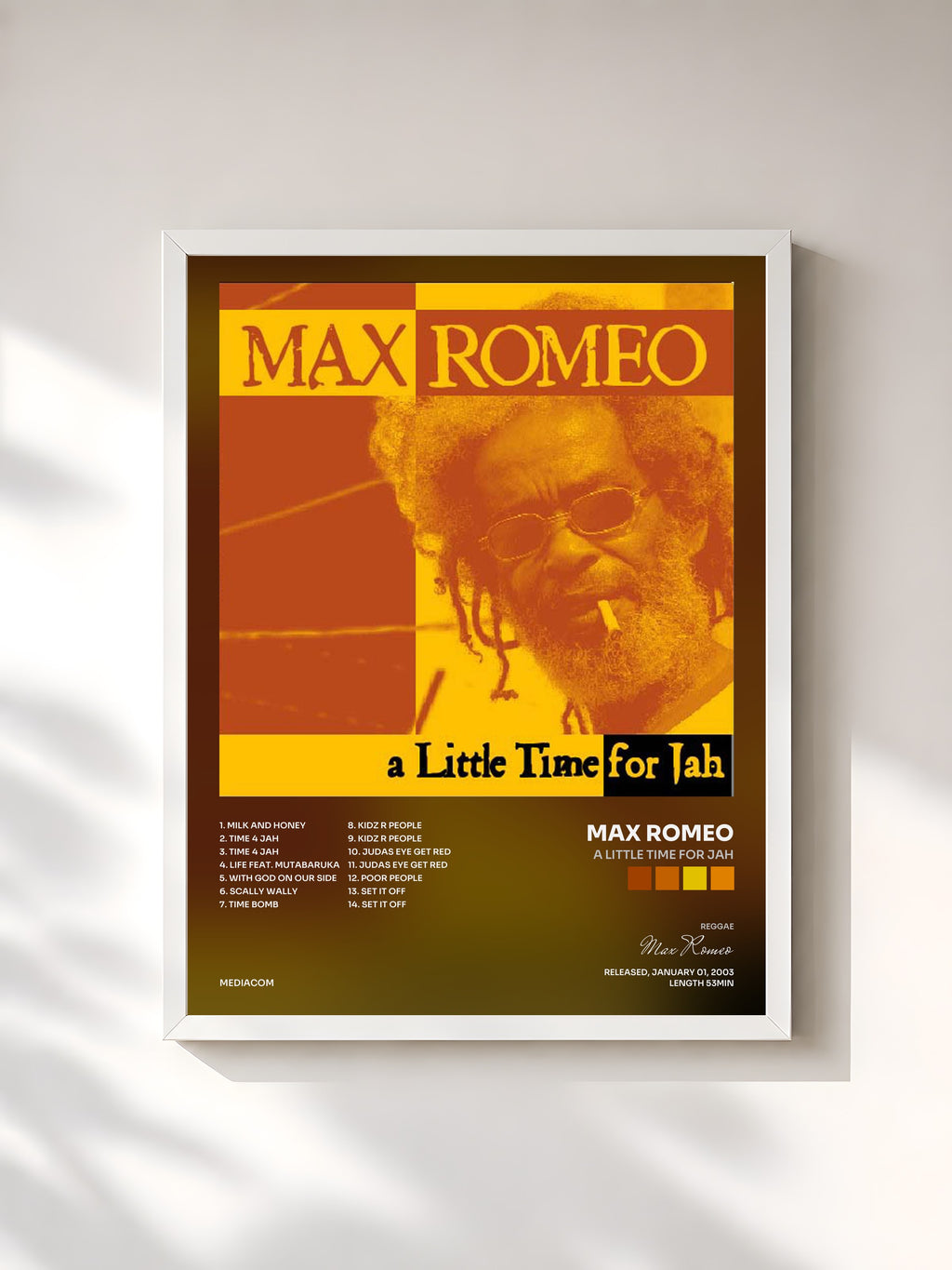 #blanc Tableau de l'album A Little Time For Jah de Max Romeo, cadre blanc, imprimé et encadré en France